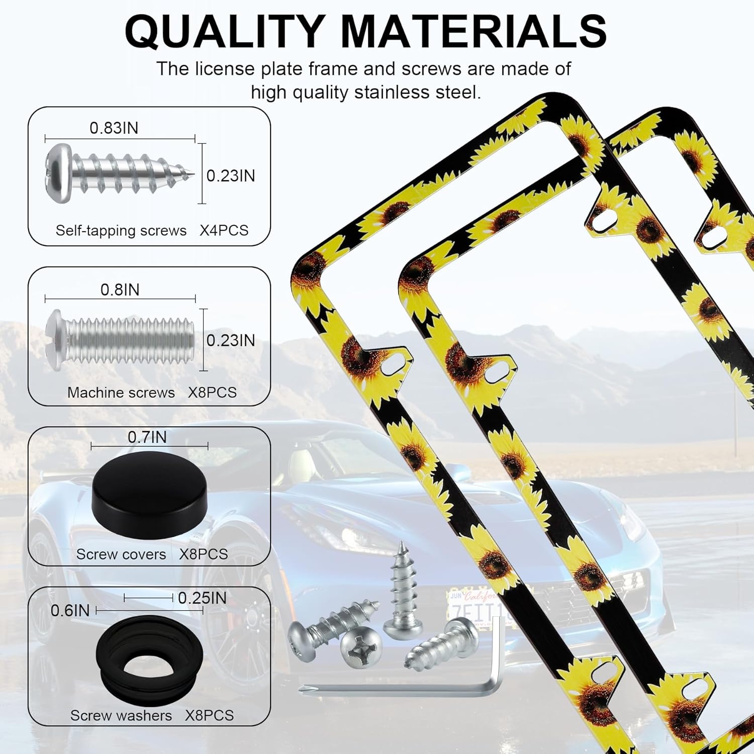 LivTee Flower License Plate Frames, 4 Holes Stainless Steel License Plate Covers, 2PCS Car License Plate Holder, Automotive Exterior Accessories, Sunflower