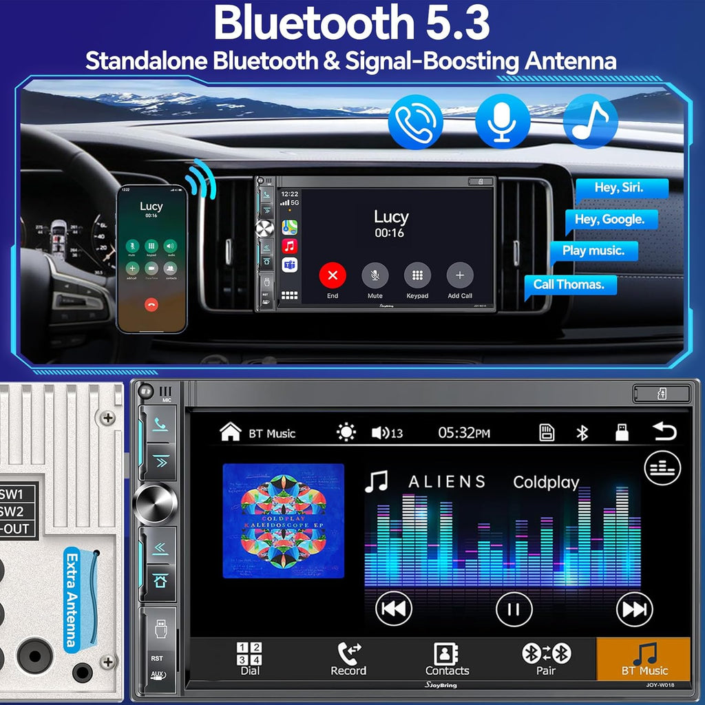 QLED Double Din Car Stereo with Dash Cam & Backup Camera, Wireless Apple CarPlay & Android Auto, Bluetooth, 4.2-Ch 2 Subwoofers Outputs, 7" QLED Touchscreen, MirrorLink, FM/AM Radio