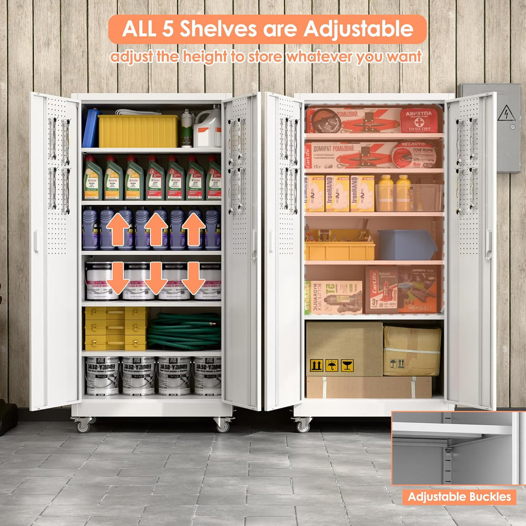 71" H×32" W×16" D Garage Storage Cabinet with Wheels, Locking Metal Storage Cabinet with 5 Adjustable Shelves, 4 Hooks and Pegboard for Garage, Home Office, Kitchen, Assembly Required, White