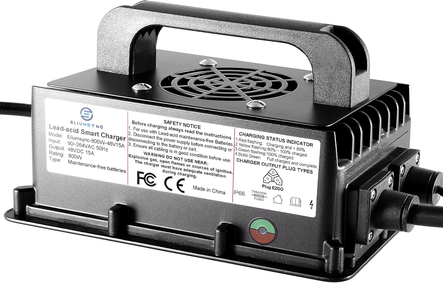 800W Lead Acid Battery Charger 48 Volt 15 AMP 3-Pin Triangular Plug EZGO RXV & TXT Golf Carts