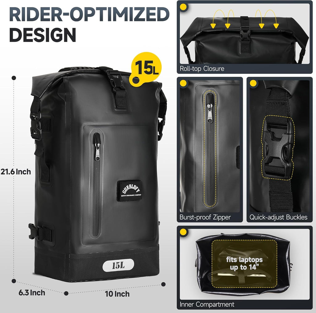 Motorcycle Tail Bag, 15L Waterproof Motorcycle Saddle Bag, 2 Size and 3 Color Options Travel Bag, PVC Luggage Bag, Rear Seat Bag, Classic Black GT-15BL