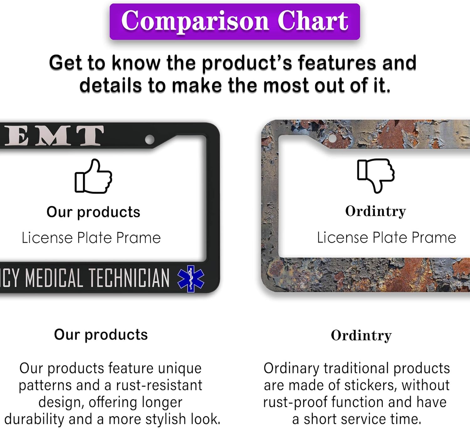 License Plate Bracket Black and White License Plate Frames EMT Emergency Medical Technician Aluminum Metal Car Accessory 2 Pack with Screw Covers Set
