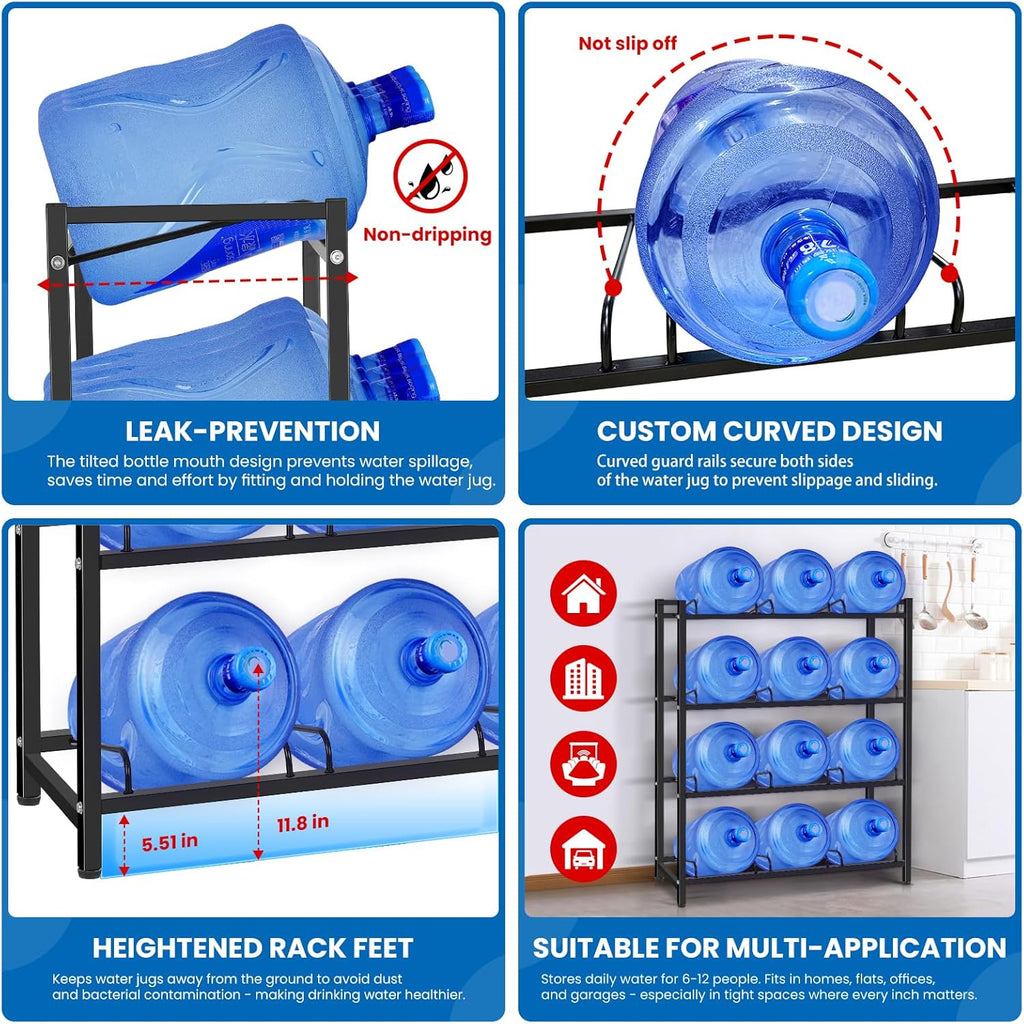 jolybebe 5 Gallon Water Jug Holder for 12 Bottles Without Wobbling, New Upgraded Heavy Duty 4 Tier Thicken Water Bottle Storage Rack for Home, Office, Kitchen, Warehouse, Garages Black