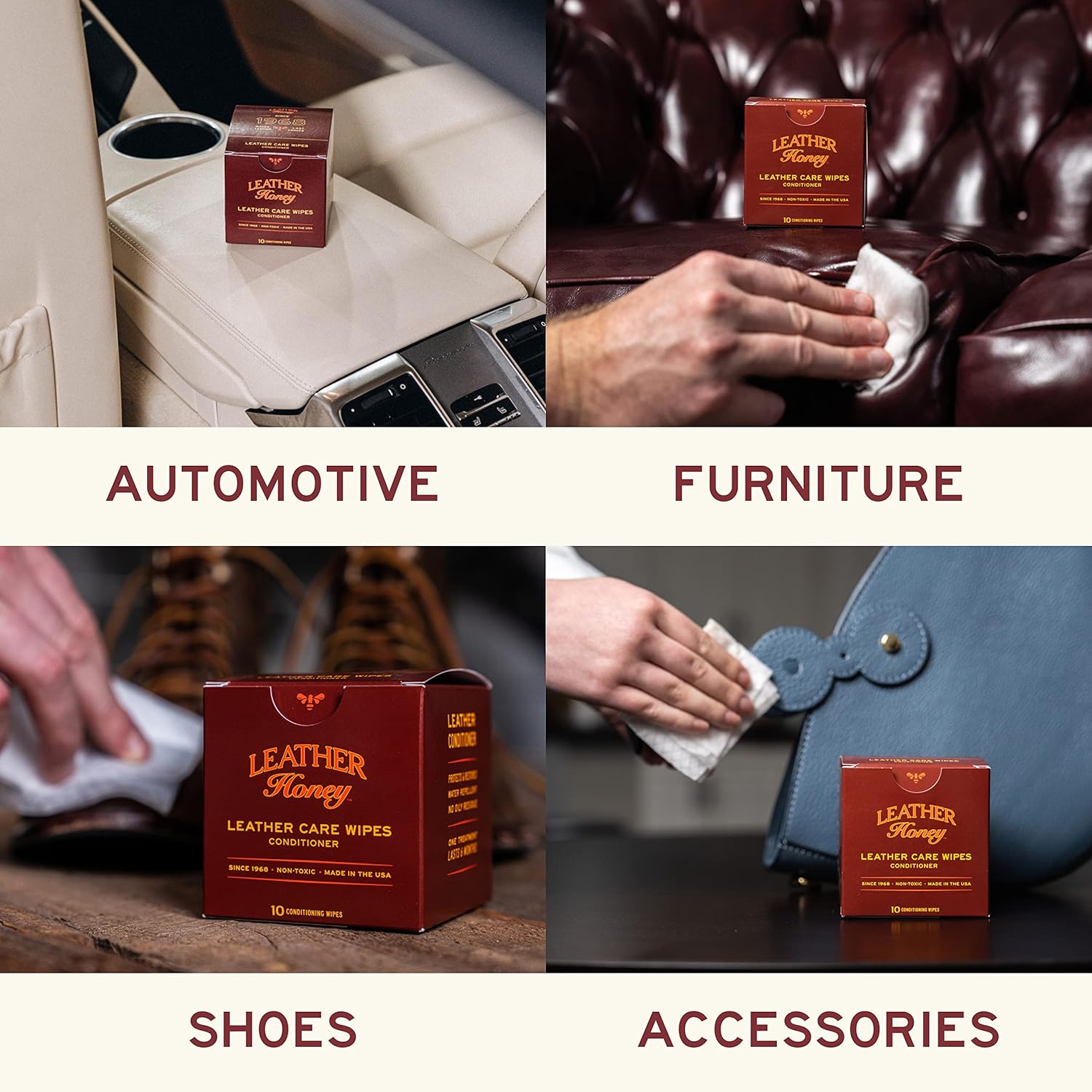 Leather Honey Leather Conditioner Wipes: Restore Leather On-The-Go. Protect & Condition Leather Couches, Car Seats, Purses, Shoes, Bags & Tack. Safe for Any Color. 10 Non-Toxic, Ready-to-Use Wipes
