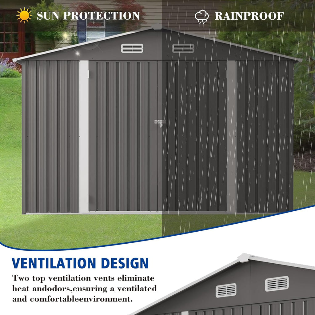 10 x 8 FT Large Outdoor Storage Shed w/Lockable Door, Heavy Duty Metal Garden Sheds with Clear Window and Air Vents, Waterproof Tool House for Bicycles, Tools, Backyards, Patios, Lawns, Gray