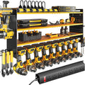 KAFAHOM Power Tool Organizer with Charging Station,9 Drill Holder Wall Mount,4 Layer Durable Metal Cordless Drill Storage for Garage Organization,Battery Tool Rack Built in 7 Outlet Power Strip-Yellow
