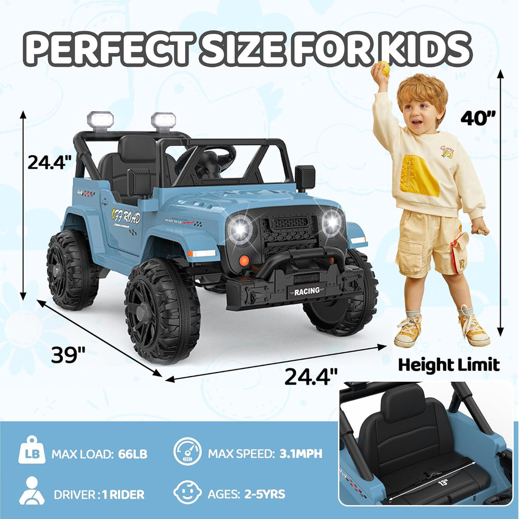 12V Ride On Truck Car with Remote Control, Kids Electric Vehicles with Bluetooth Music, Horn, 3 Speeds, 4 LED Lights, Soft Start, Ride-on Toy for Toddler Boys & Girls (Blue)