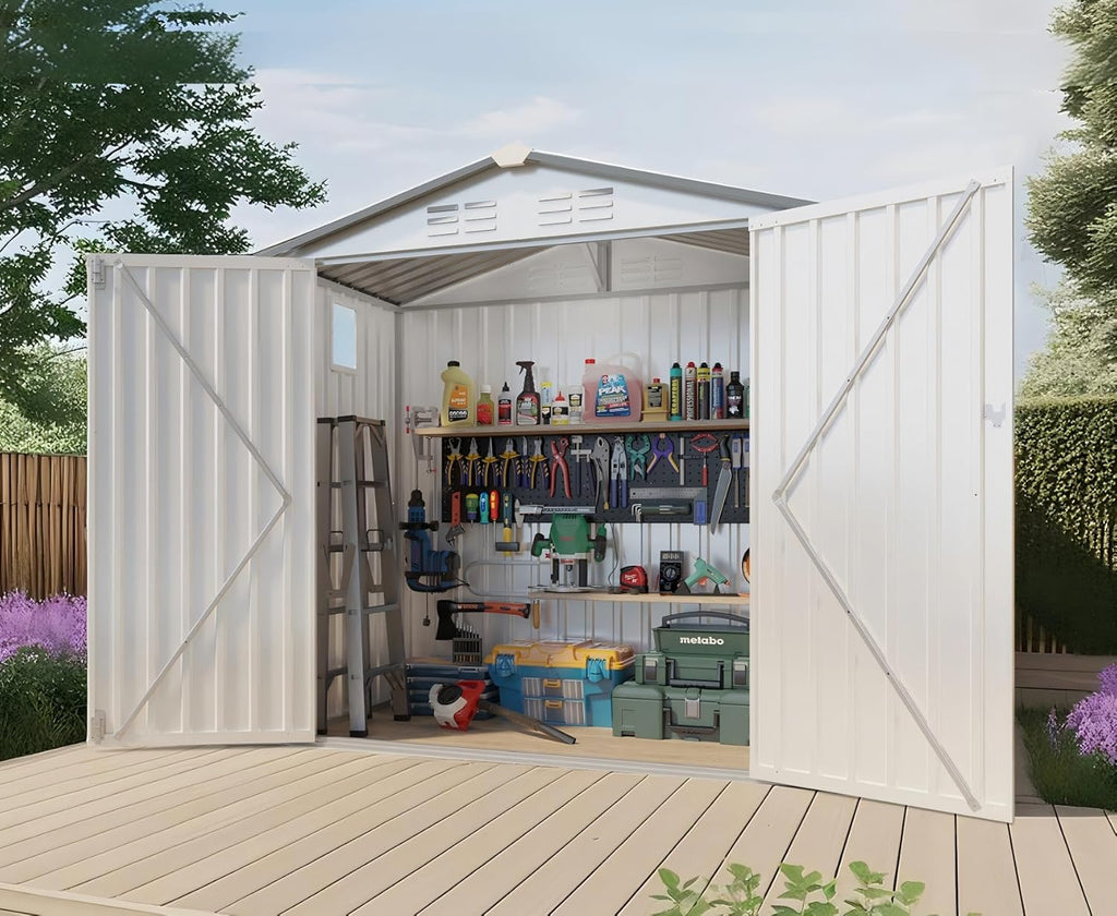 6X3.5 FT Outdoor Storage Shed with Window, Metal Garden Sheds w/Lockable Door and Vents, Waterproof Steel Tool House for Backyard, Patio, Lawn, Sundries & Utility Storage, White