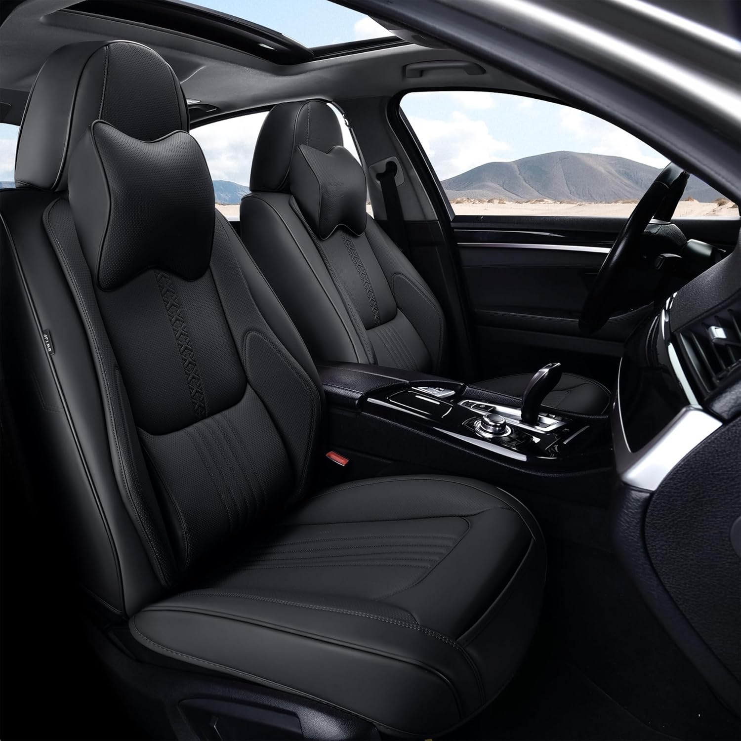 Front Seat Covers, 2 Pieces Universal Seat Covers for Cars, Waterproof Leather Auto Seat Protectors with Head Pillow, Car Seat Cushions Fit for Most Sedans SUV Pick-up Truck, Black