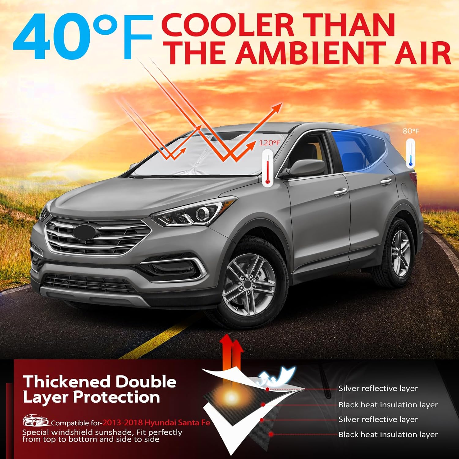 KAYZT Windshield Sun Shade for 2013-2018 Hyundai Santa Fe Foldable Sunshade Front Window Custom Fit Car Accessories