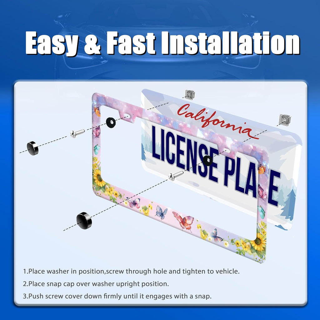 Beautiful Butterfly Sunflower License Plate Frame Yellow Floral License Plate Stainless Steel Funny License Plate Holder for Men Women Colorful Car Accessories Decoration 12.3" x 6.3"