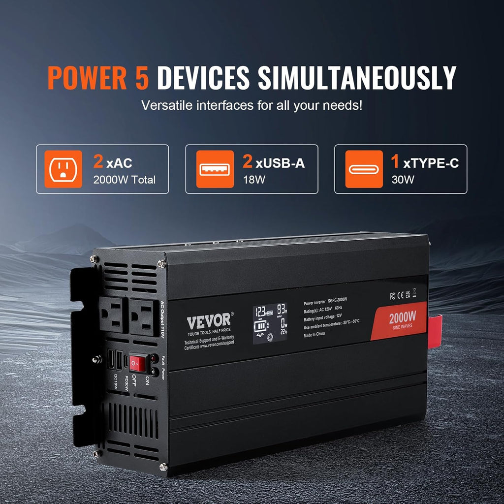 VEVOR Pure Sine Wave Inverter, 2000 Watt, DC 12V to AC 120V Power Inverter with 2 AC Outlets 2 USB Port 1 Type-C Port, LCD Display and Remote Controller for Medium-Sized Household Equipment, CE FCC