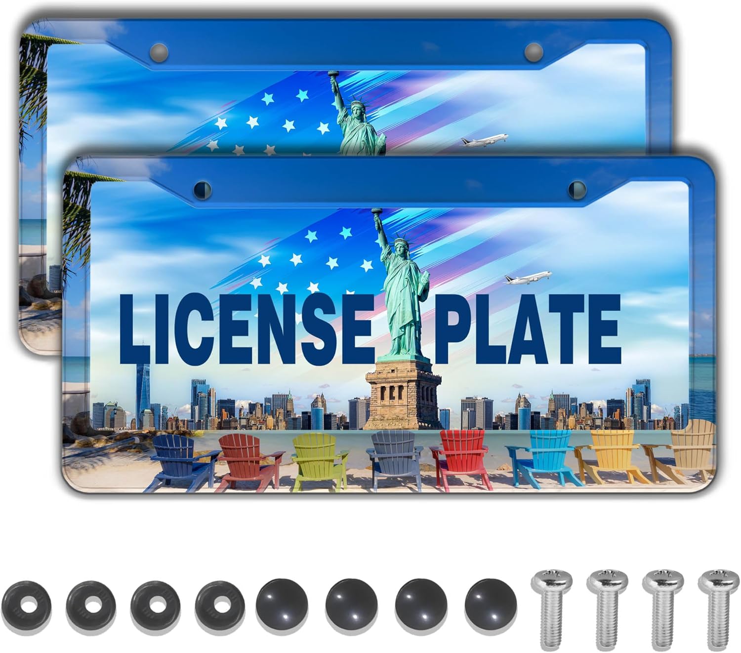 License Plate Frames License Plate Frame Beach Loungers Colorful Chairs in Tropical Summer Palm Tree Aluminum Metal Car Accessory 2 Pack with Screw Covers Set