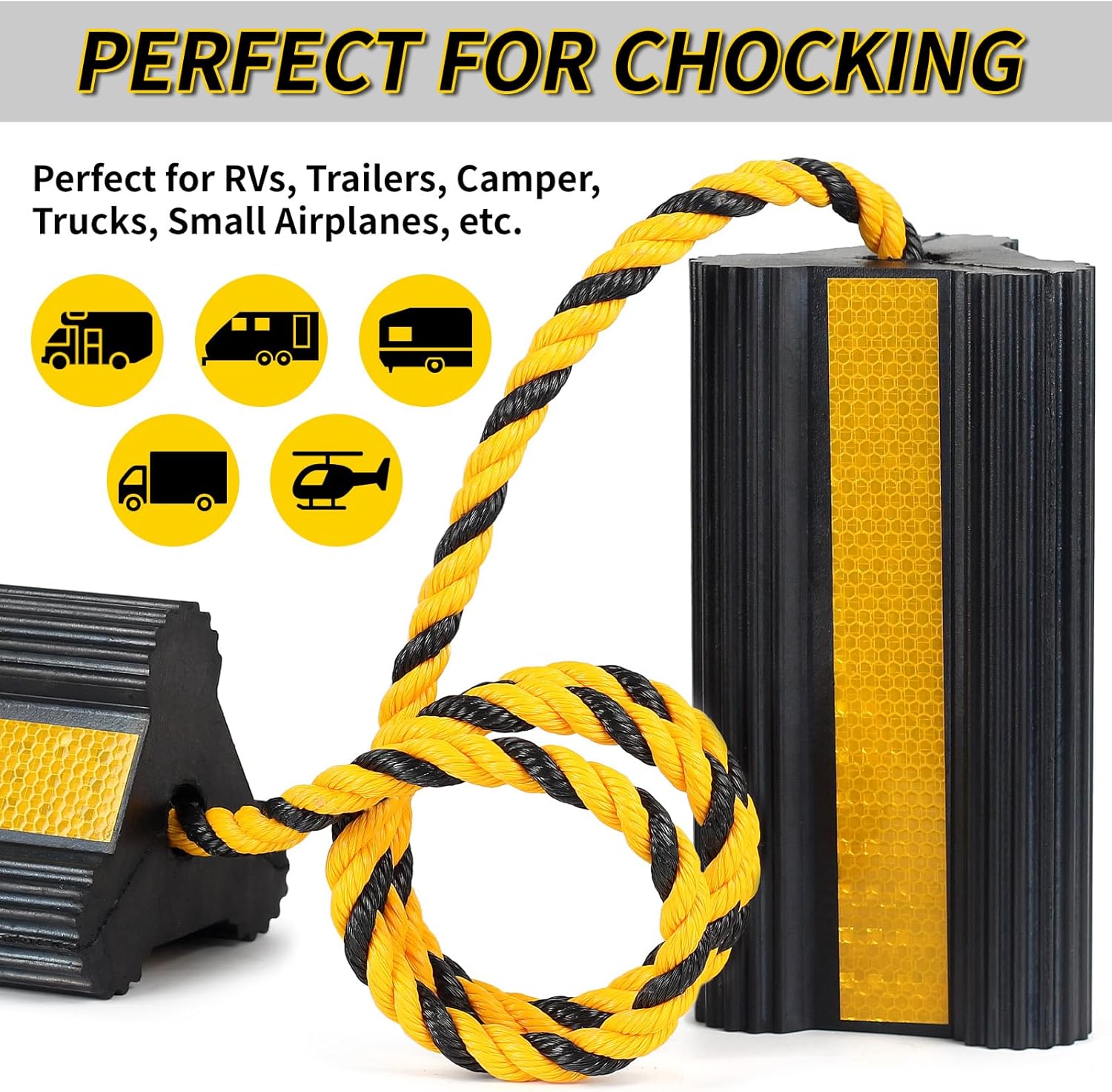 Heavy Duty Rubber Wheel Chocks, 2 Pair, Non-Slip Tire Stopper Blocks with Rope, for RV Camper Travel Trailers Motorhome Aircraft Car Truck