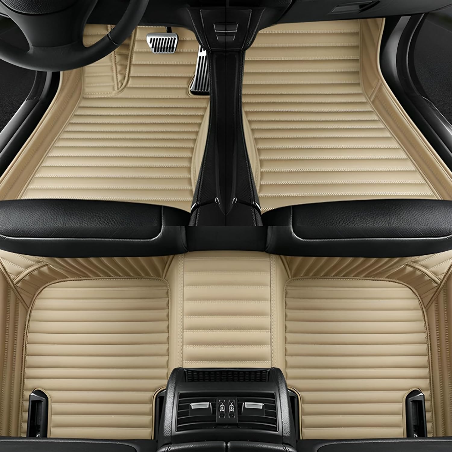 Add Personal Touch to Your Vehicle with IMEISH Customizable Logo Text Car Mats for 99% of vehiclesPads Protection Non-Slip Leather Floor Liners (Beige Stripe)