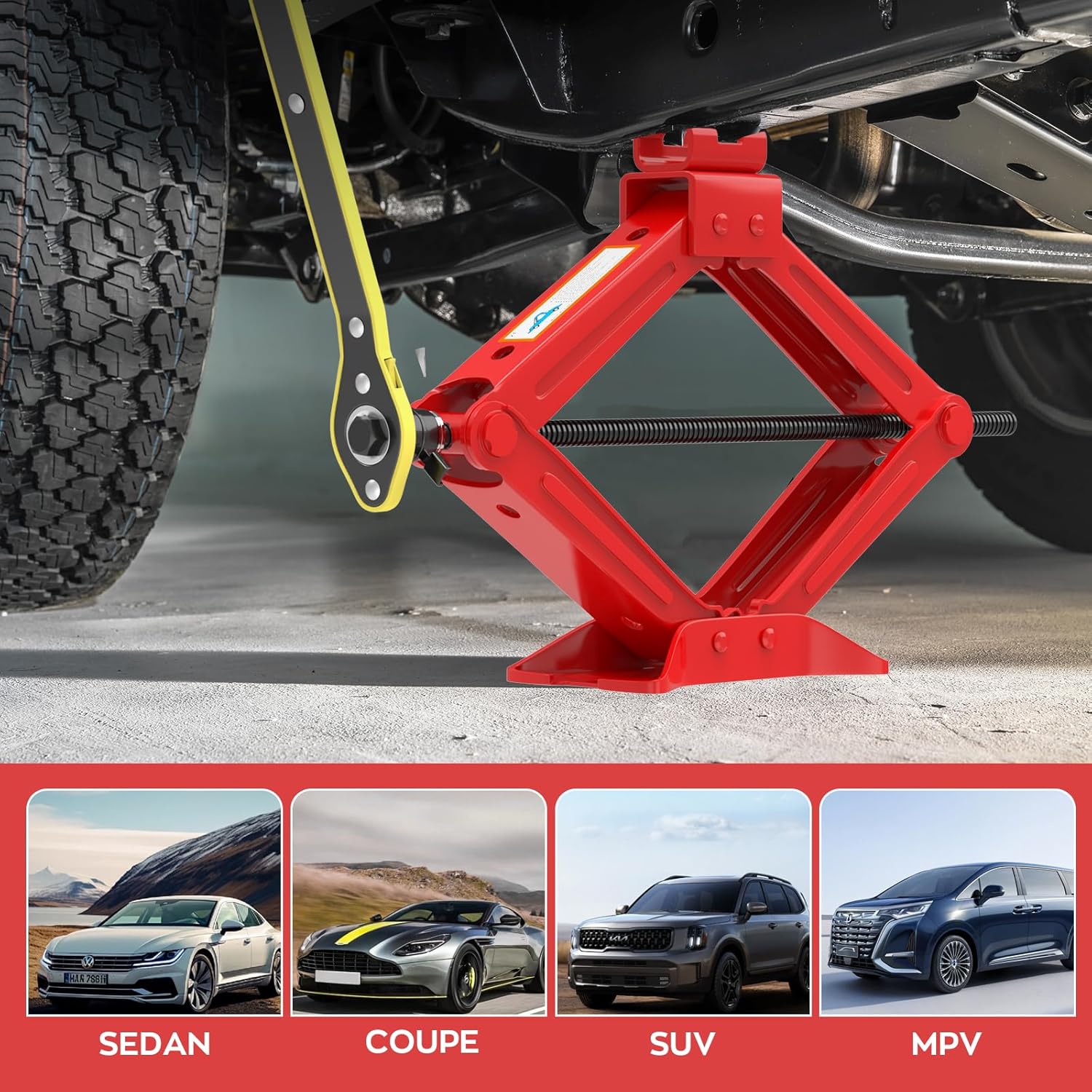 IMAYCC Car Jack Kit Scissor Jack for Car Spare Tire Changing Kit,Portable Tire Jack Repair Kit with Lug Wrench, Car Emergency Kit for Auto/SUV/MPV-2 Ton (4409 lbs) Red