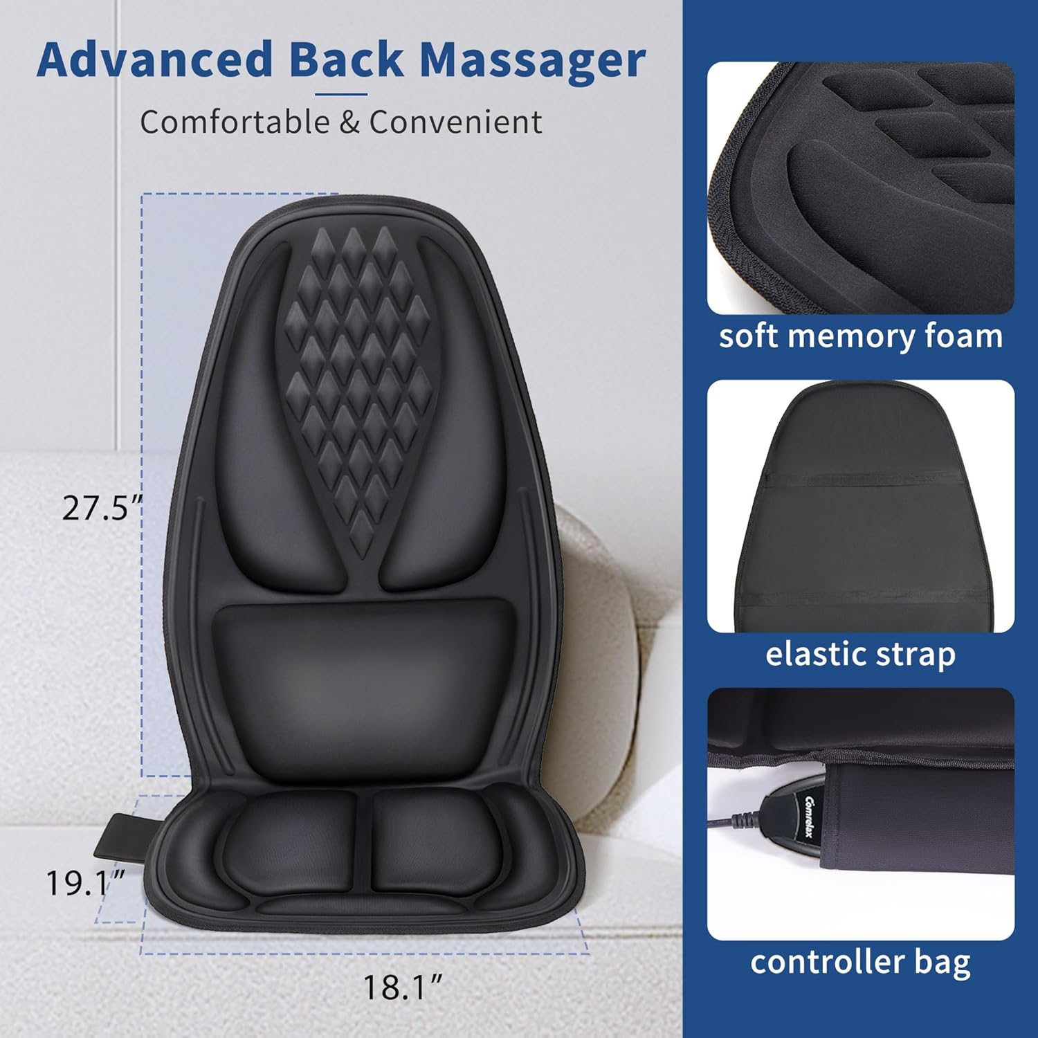 Back Massage Chair Pad with 3D Lumbar Support, Electric Back Massager for Pain Relief, Massage Seat Cushion with 3 Vibration Intensities & 2 Heat Levels