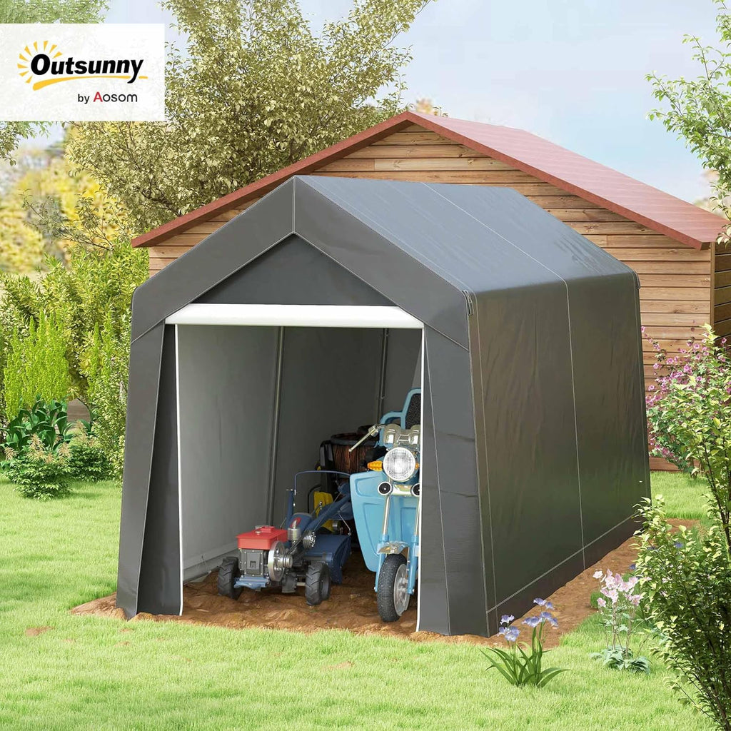 Outsunny 7' x 12' Portable Storage Shed Shelter, Heavy Duty Outdoor Shed, Waterproof Garden Storage Tent with Ventilation Window and Roll-up Zipper Door for Bike, Motorcycle, Garden Tools, Gray