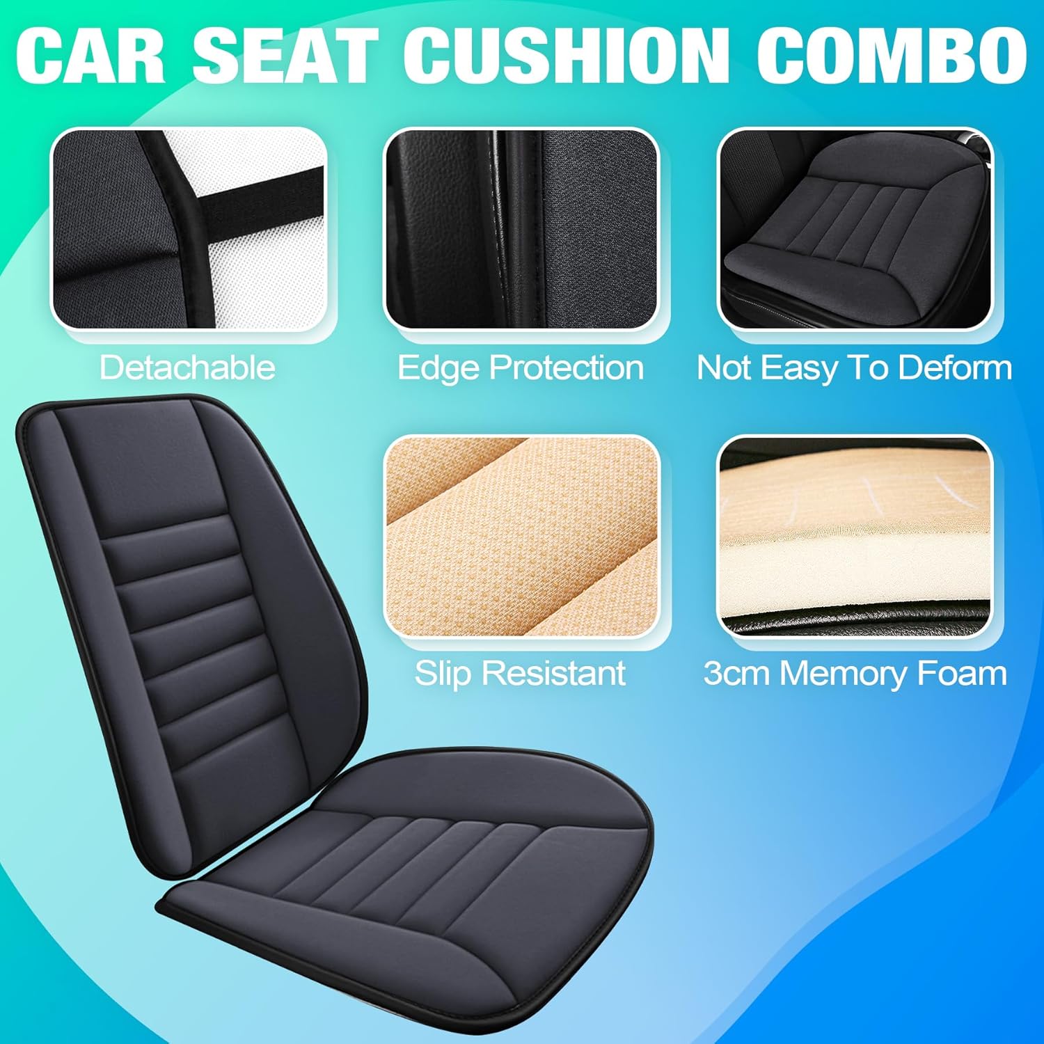 MYFAMIREA Car Seat Cushion and Back Support Pillow 1.2'' Thick Memory Foam Desk Chair Cushion Back Support for Automotive Seat Driver, Travel, Leg Back Pain Relief, Washable Adjustable, Dark Gray