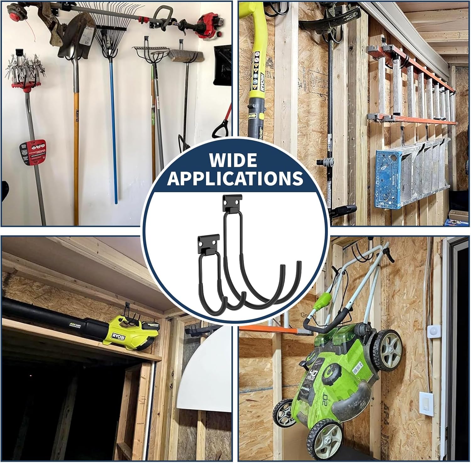 Garage Hooks Heavy Duty, 6pcs 68-110 LB Garage Organization and Storage Wall Hooks for Hanging Ladder/Bike/Power and Yard Tools/Hose, Utility Hook Tool Hangers for Garden/Shed/Apartment
