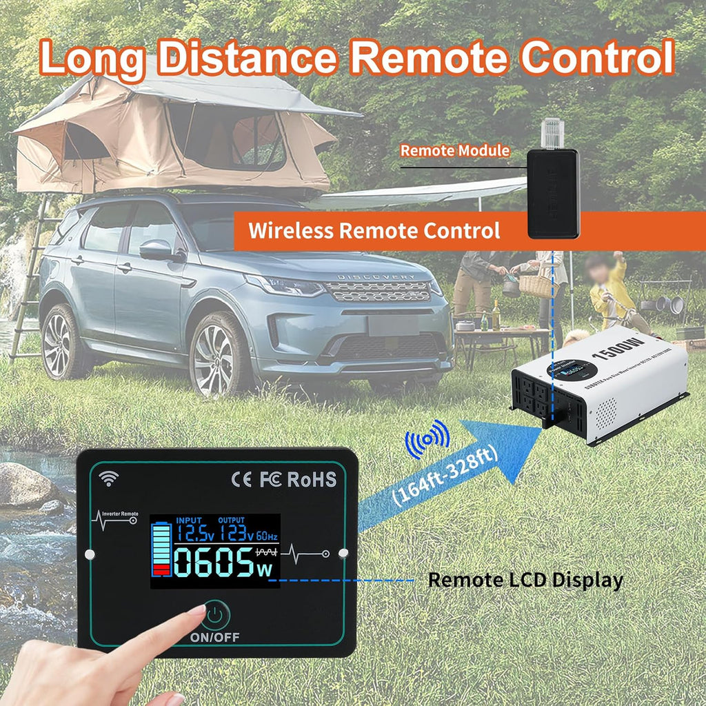 1500W Pure Sine Wave Power Inverter with Peak 3000W,12V to 120V AC Converter, Wireless Remote, 4 AC Outlets, 2 USB Ports and Type-C for RV, Solar Off-Grid