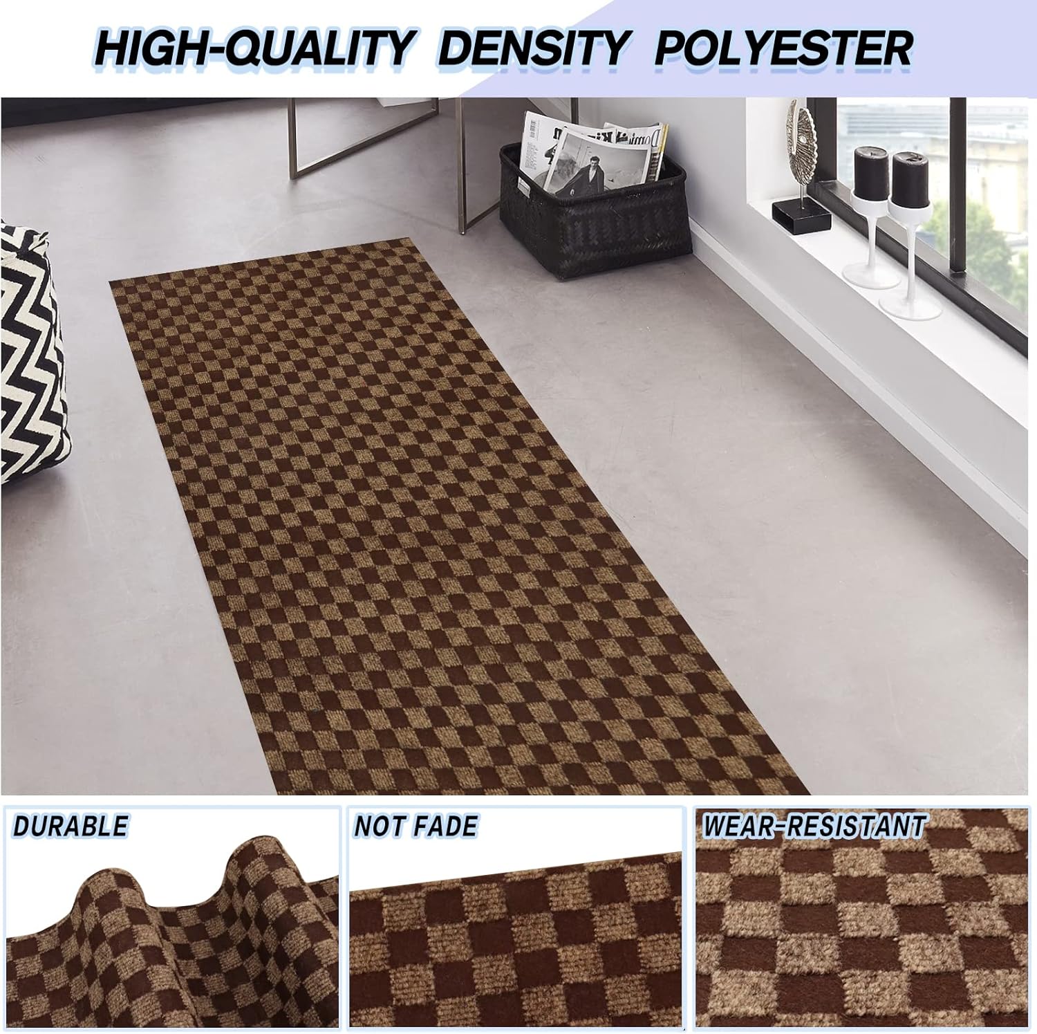 Custom Size Backed Non-Slip Area Rugs Runner, Easy Clean, Waterproof Runner Rugs for Hallway Entryway, Kitchen, Laundry, 4FT x 51FT, Brown Checkered