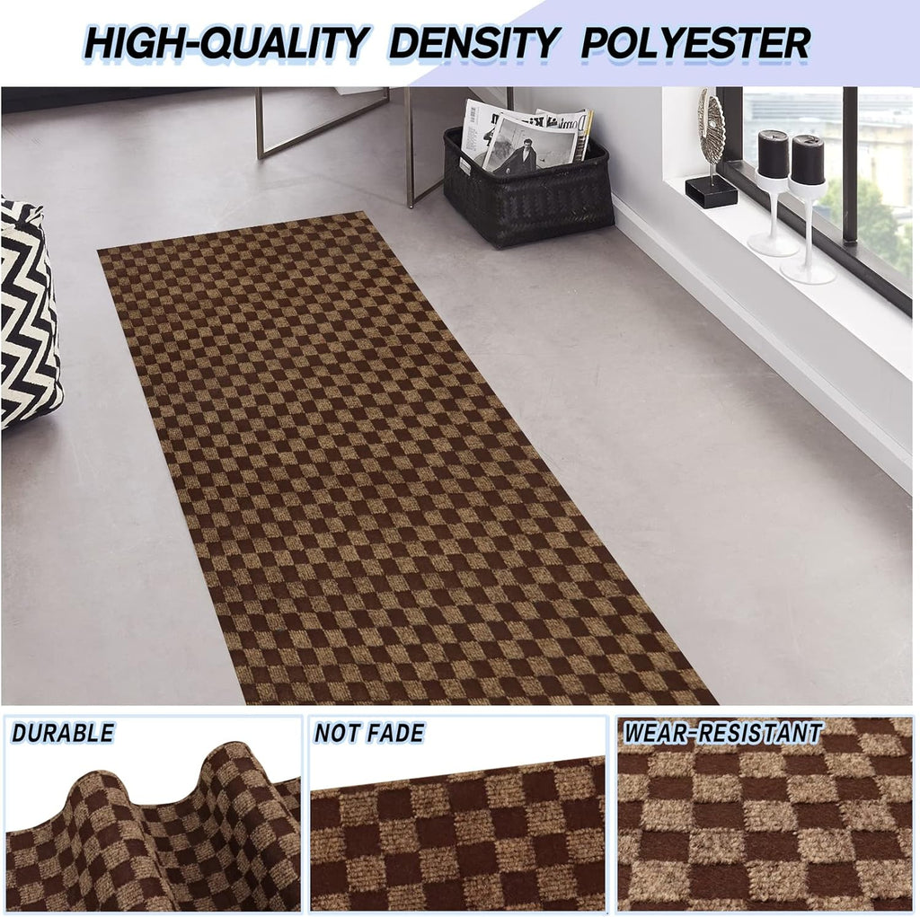 Custom Size Backed Non-Slip Area Rugs Runner, Easy Clean, Waterproof Runner Rugs for Hallway Entryway, Kitchen, Laundry, 2FT x 11FT, Brown Checkered
