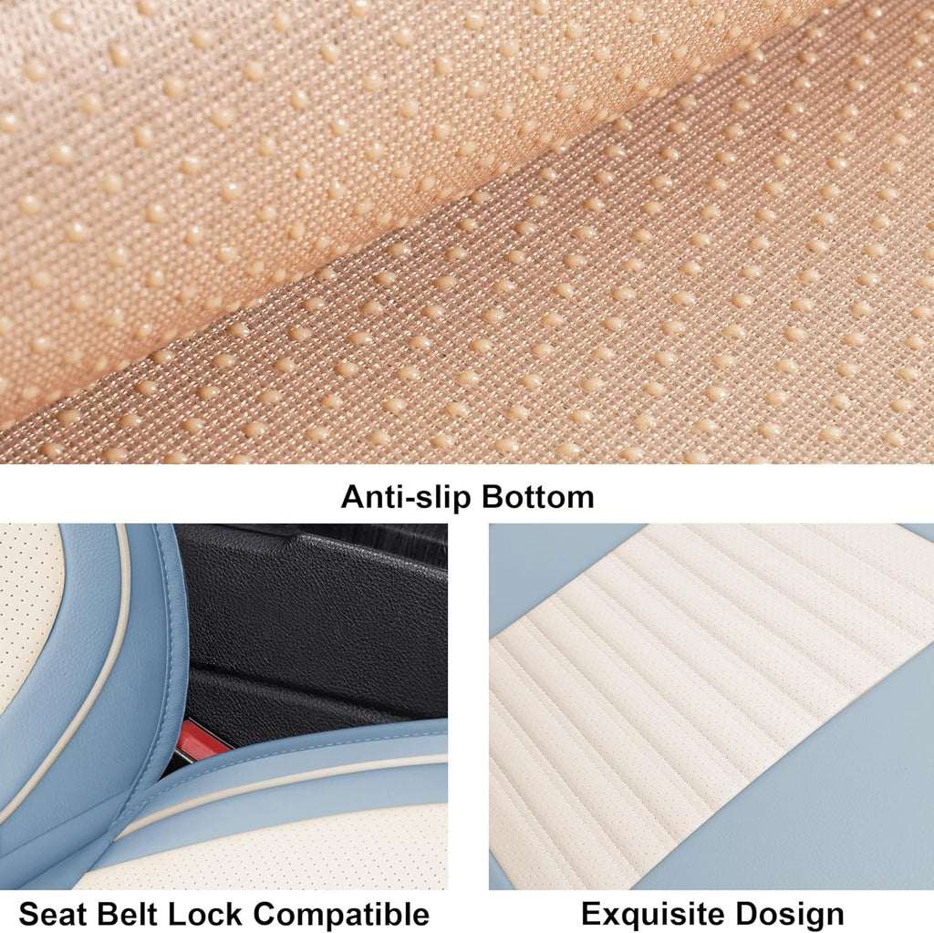 LINGVIDO Car Seat Covers, Breathable and Waterproof Faux Leather Automotive Seat Covers for Cars SUV Truck Sedan,Universal Anti-Slip Seat Cover with Backrest (Full Set, White & Light Blue)