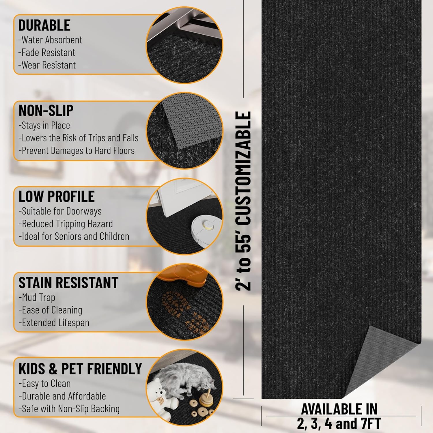 Ottomanson 3'11" x 18' Hallway Runner with Scraper Pile - Extra Durable Non-Slip Rug Mat for Indoor & Outdoor Use - Ideal for Kitchen, Entryway & Garage - High-Traffic Carpet, Black