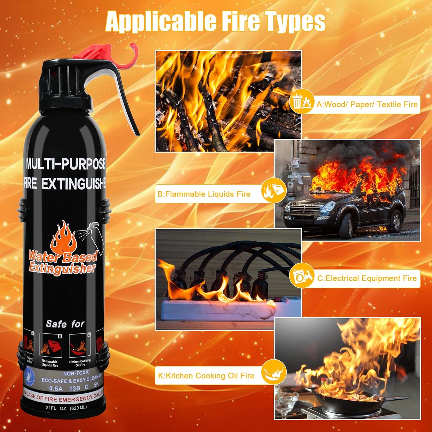 Fire Extinguisher for Home, 2 Pack Vehicle Fire Extinguishers with Mount, Portable Fire Extinguisher Effective on A, B, C, K Fires, Water-Based Extinguisher for Car Boat Office Truck Kitchen Garage RV