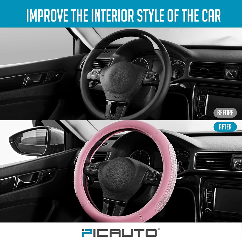 PIC AUTO Gel Particles Steering Wheel Cover, Pink Luxury Leather Car Steering Wheel Protector, Universal Fit 14.5"-15.5" Anti-Slip Car Interior Accessories for Girls & Women