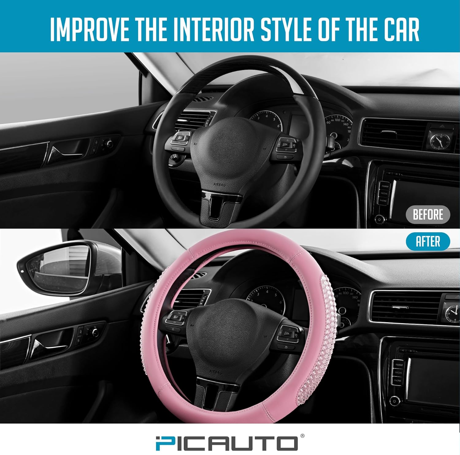 PIC AUTO Gel Particles Steering Wheel Cover, Pink Luxury Leather Car Steering Wheel Protector, Universal Fit 14.5"-15.5" Anti-Slip Car Interior Accessories for Girls & Women