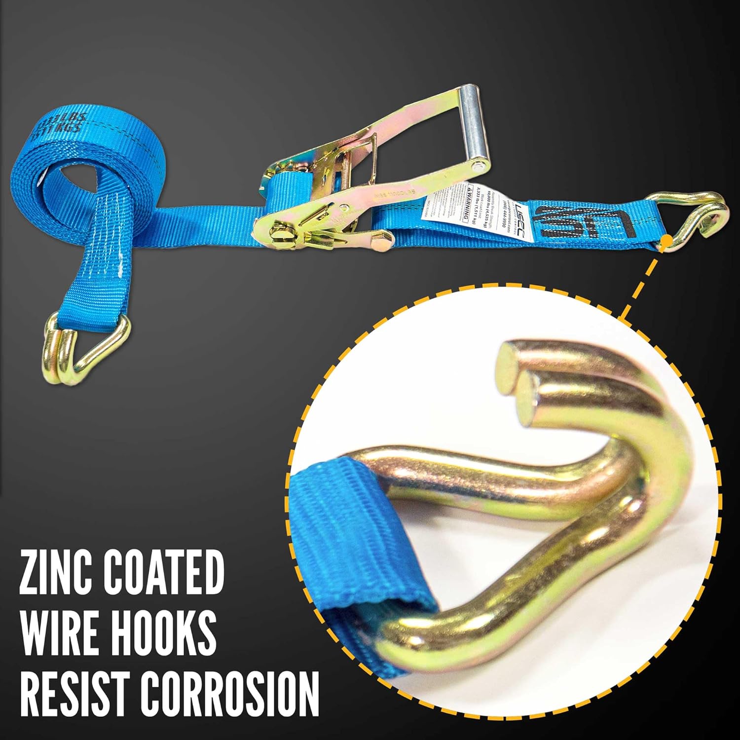 US Cargo Control 2 Inch Wide x 18 Foot Long Heavy Duty Ratchet Strap with J Hooks, Blue Weather Resistant Webbing, 3,333 Pound Working Load Limit