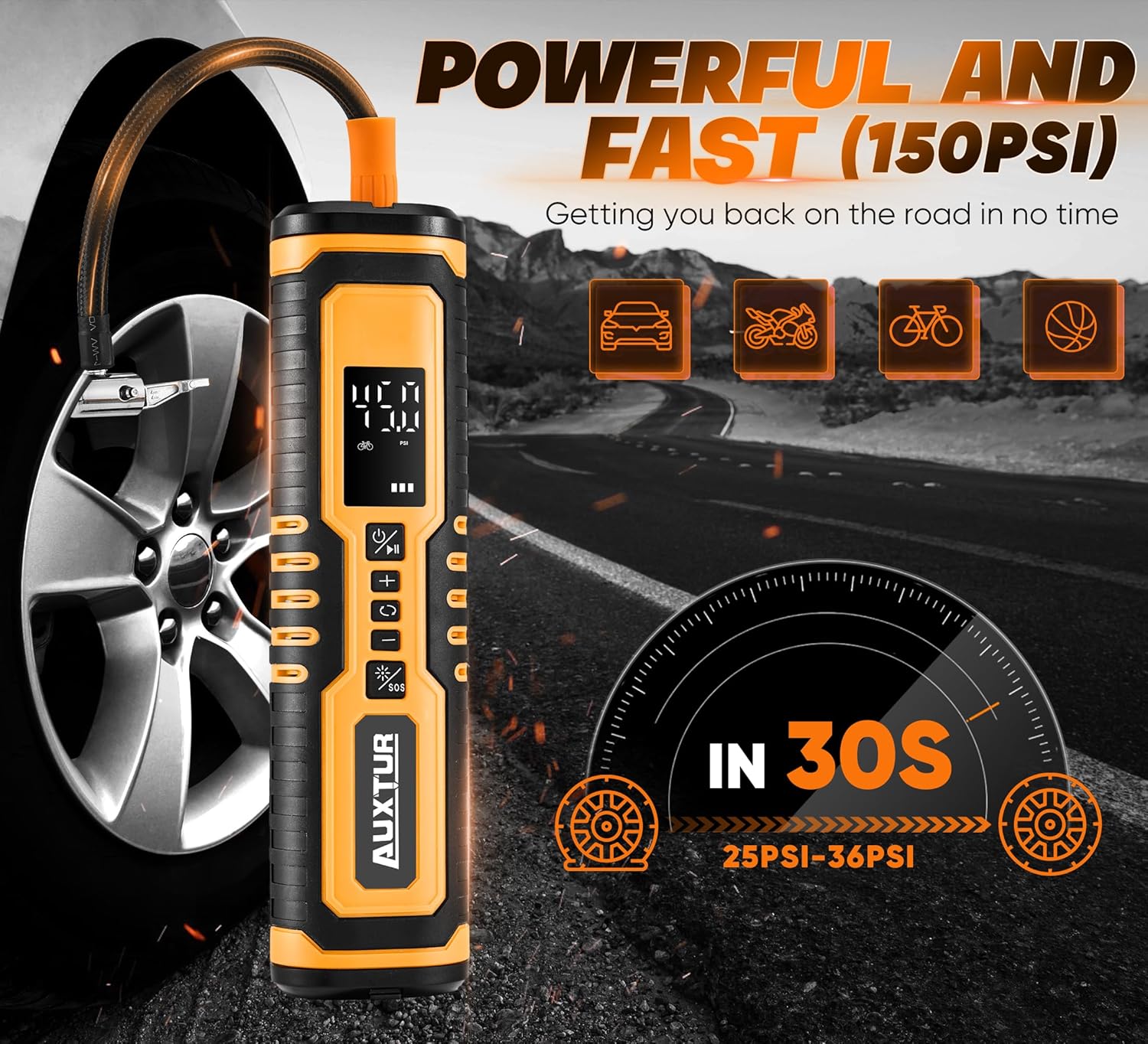 Cordless Tire Inflator for Car with 3 Light Modes and Automotive Power Cords, Electric Air Pump(Type-C) (150PSI)(6000mah Battery), Digital Air Compressor for Motorcycle, Bike, Truck and Ball