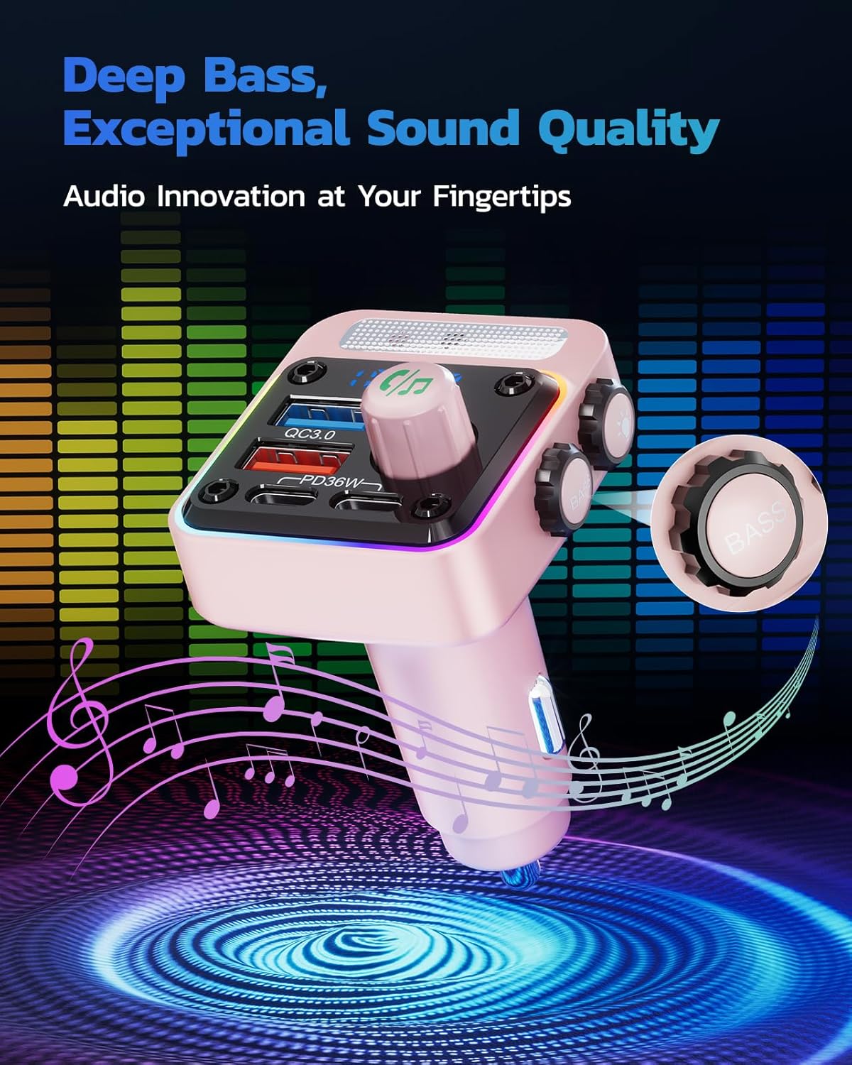 Nulaxy 54W Bluetooth 5.3 Car Adapter with 4 Charging Ports [PD 36W & QC3.0 18W], Wireless Radio FM Transmitter with Deep Bass Player & 5 Colors LED Backlit, Hands-Free Calling - Pink
