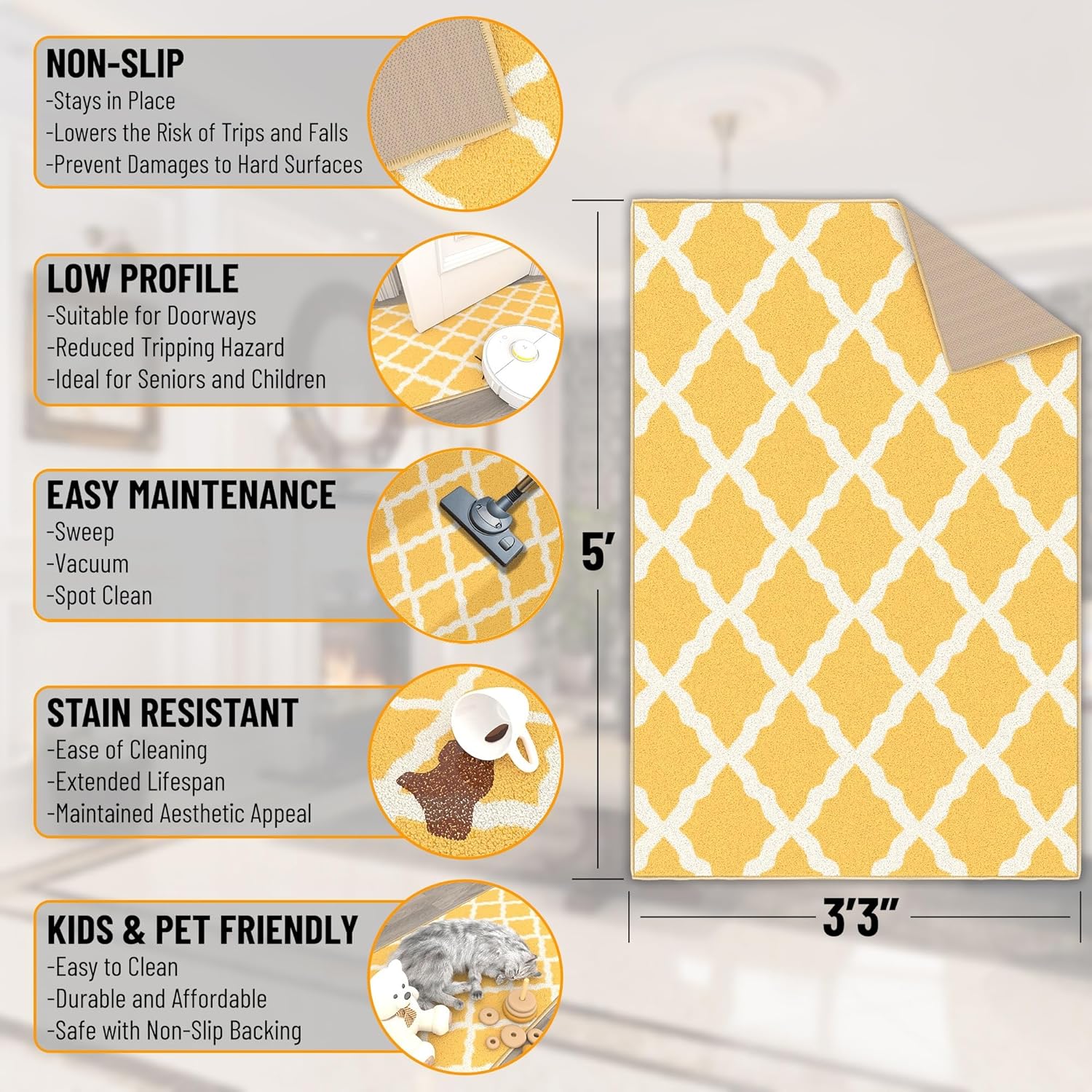 Ottomanson 3'3" x 5' Rugs for Living Room Trellis Area Rug for Bedroom - Non Slip Durable Large Floor Carpet for High Traffic Areas - Indoor Rug for Dining Room Kitchen Kids Playroom, Yellow