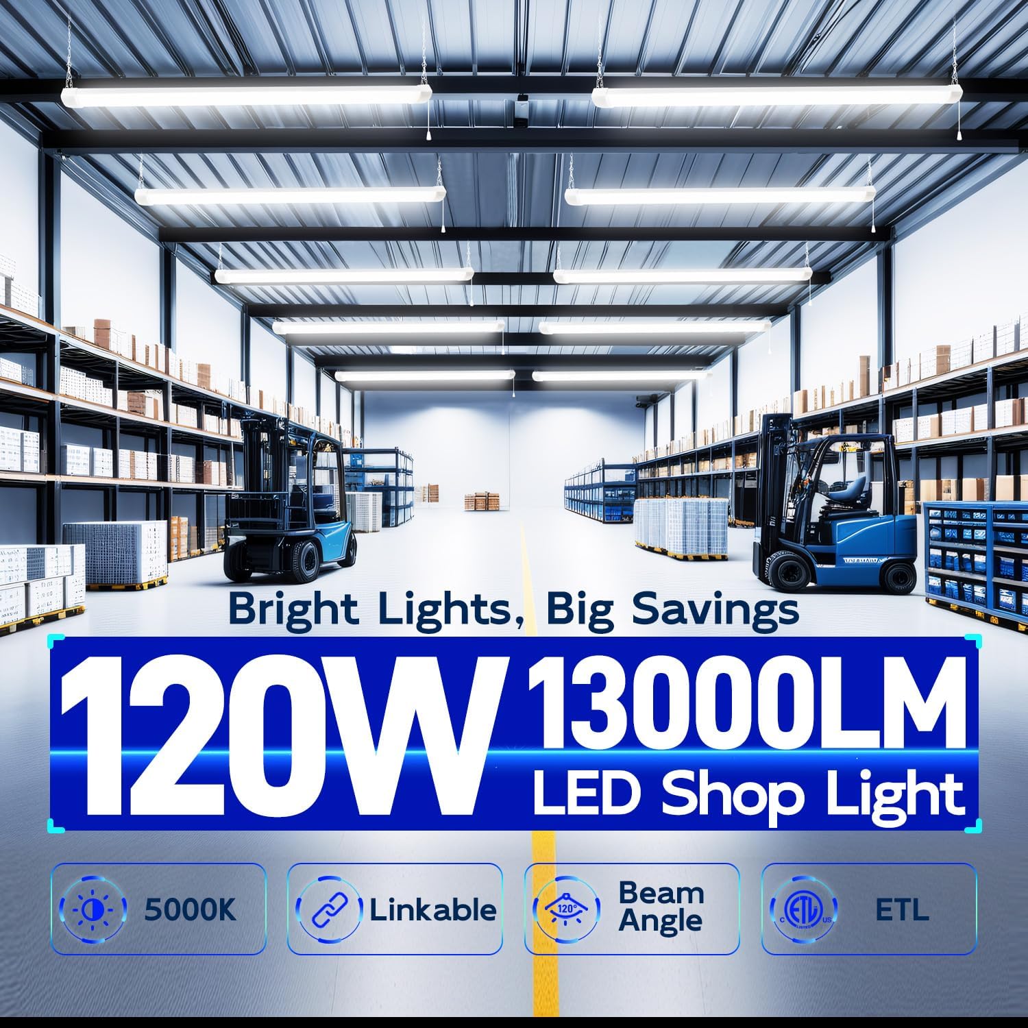 hykolity 4FT 120W LED Shop Light Linkable, 13000lm(400w Equivalent), 5000K Utility Shop Lights for Garages, Workshops, Basements, Hanging or FlushMount, with Power Cord and Pull Chain, ETL, 2 Pack