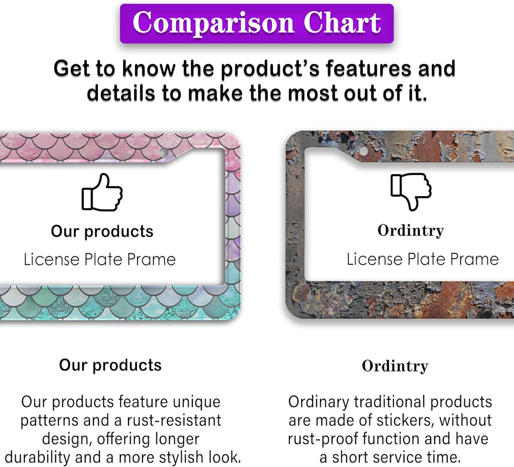 License Plate Frame Holder Pink License Plate Frames for Women Ombre Mermaid Scales Women Aluminum Metal Car Accessory 2 Pack with Screw Covers Set