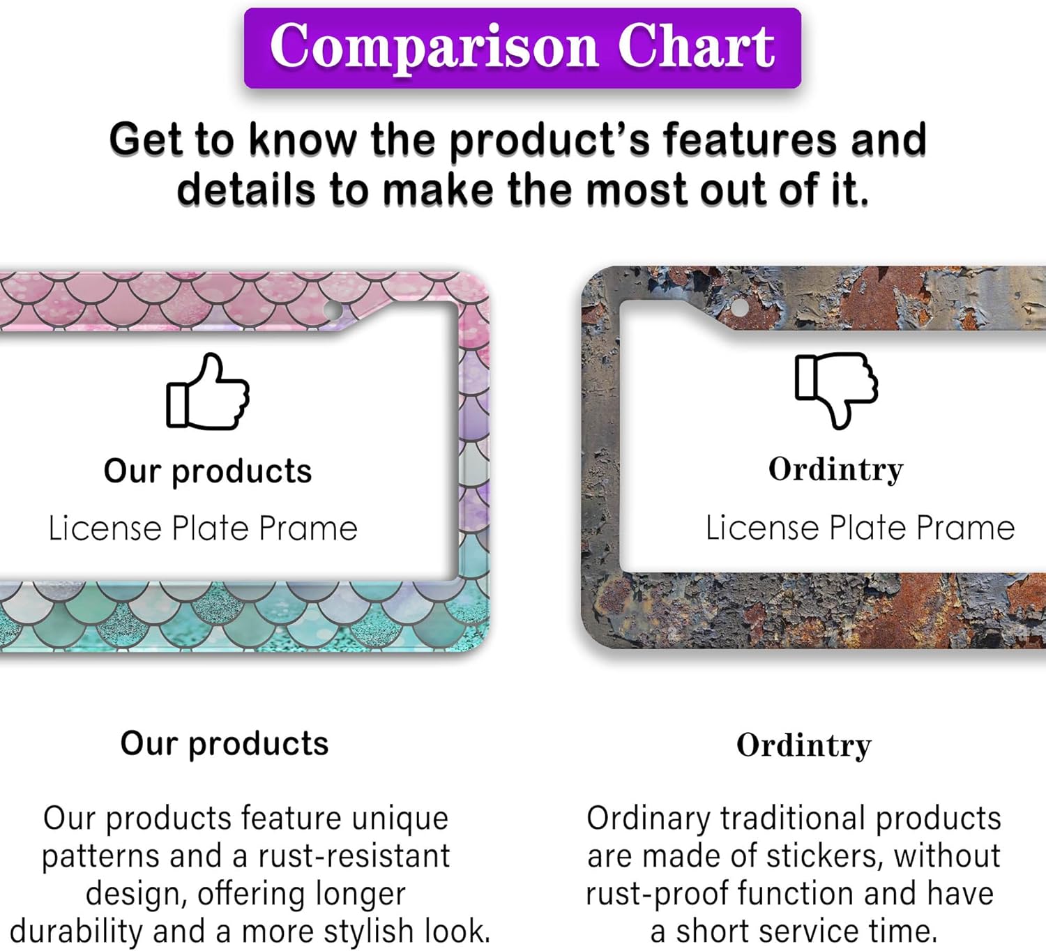 License Plate Frame Holder Pink License Plate Frames for Women Ombre Mermaid Scales Women Aluminum Metal Car Accessory 2 Pack with Screw Covers Set