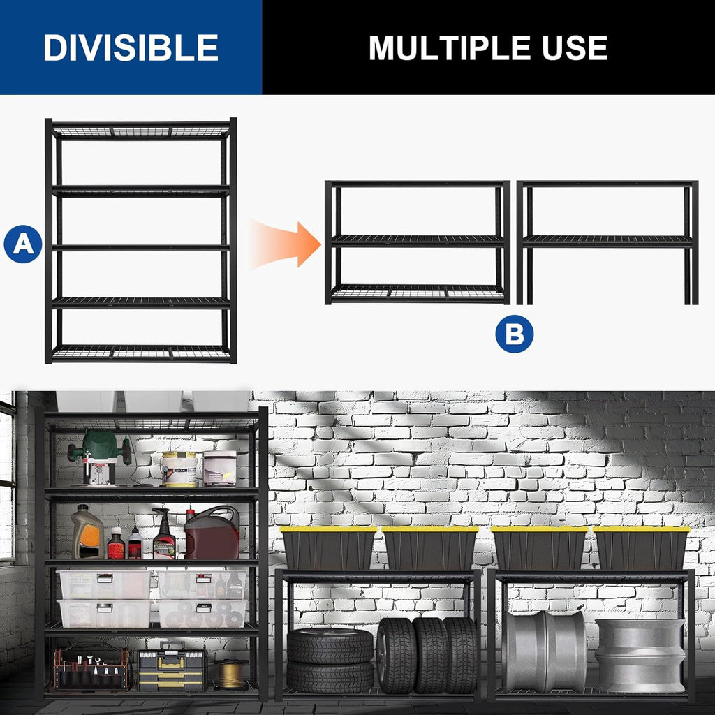 BILT HARD 48" W Garage Shelving 3000 LBS, 72" H x 18" D Storage Shelves, 5-Tier Industrial Heavy Duty Storage Shelves, Steel Shelving with Adjustable Rack, Black