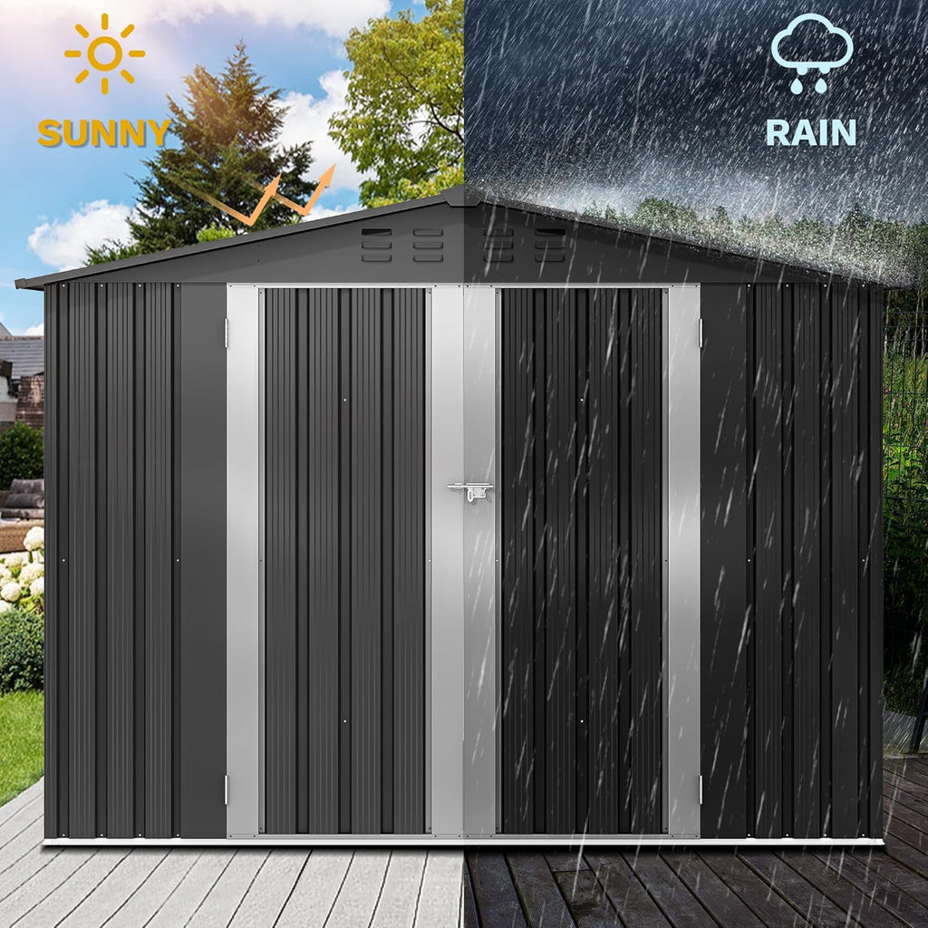 DWVO 8x6FT Outdoor Storage Shelter, Roomy Steel Tool Shed with Secure Entrances & Air Circulation for Patio, Lawn, and Backyard, Ideal for Storing Garden Gear, Lawn Tools, and Bikes, Dark Gray