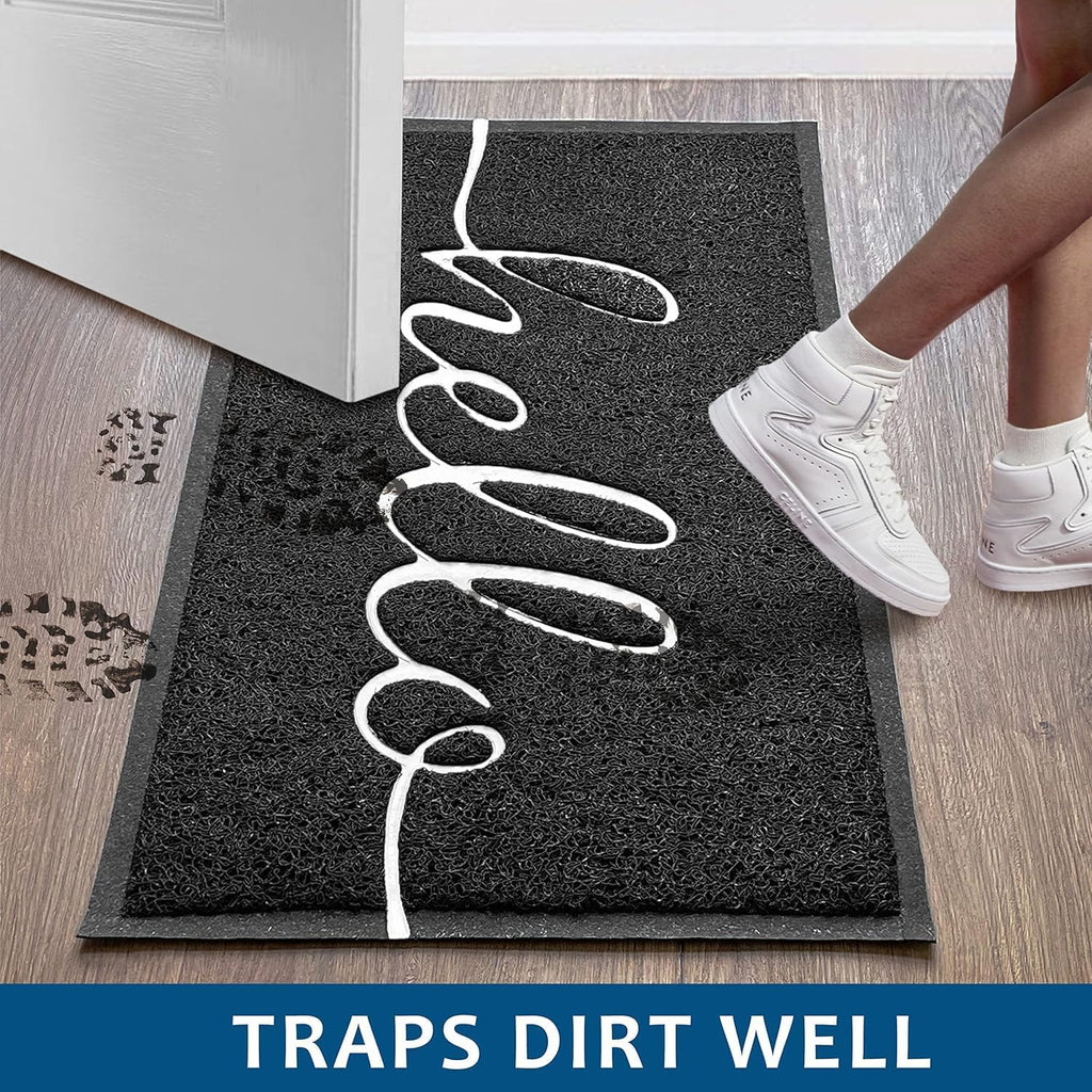 EARTHALL Door Mat Outside Inside Hello Doormat, 30"x17.5", Durable Floor Mat Non Slip Mat Ultra Absorb Mud Easy Clean Front Doormat for Garage, Entryway, Patio, High Traffic Areas, Black