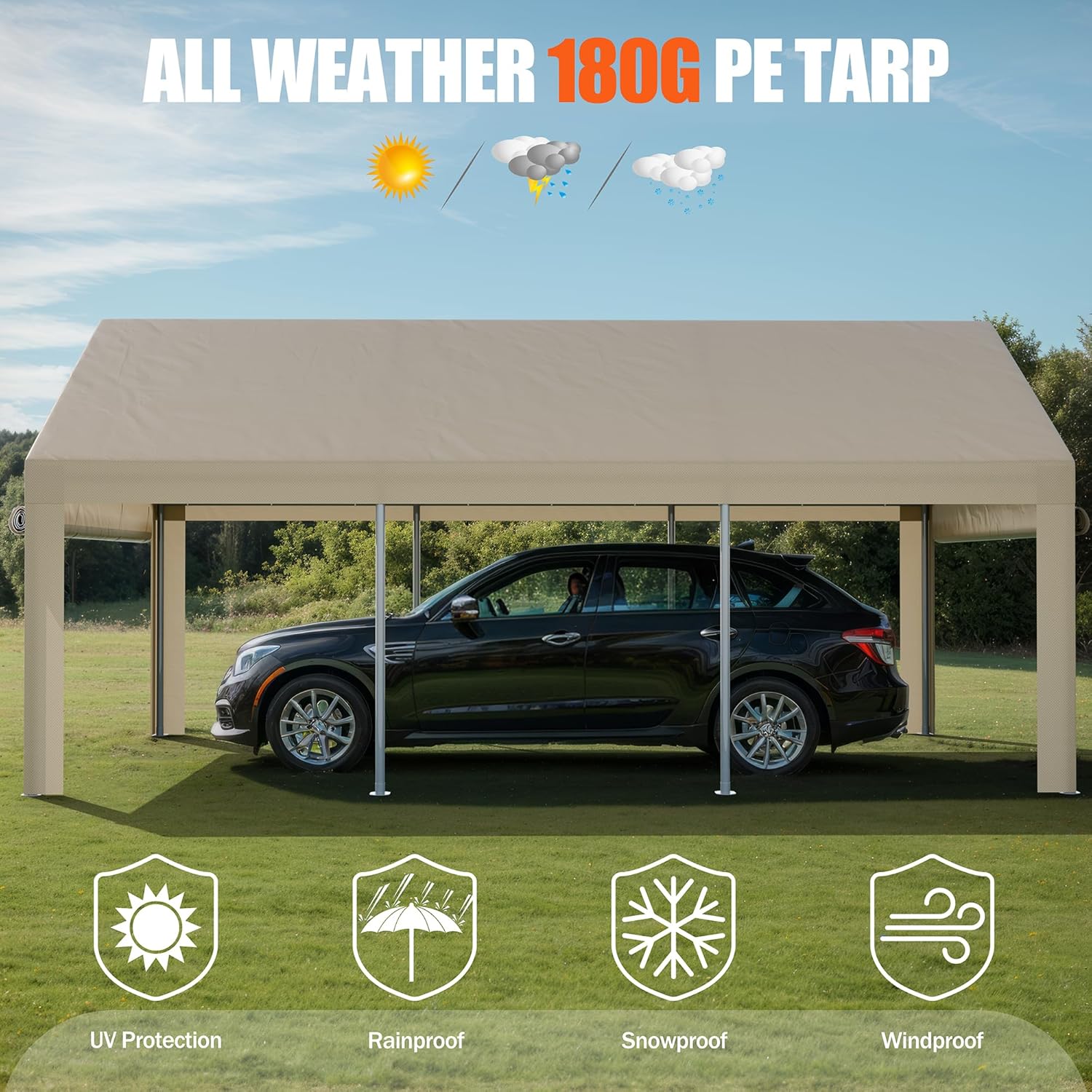 JAMFLY Carport, 10x20 ft Heavy Duty Carport with Roll-up Windows, Portable Garage with Removable Sidewalls & Doors, Car Canopy with Sandbags and All-Season Tarp for Car Boat Truck Motorcycle, Khaki