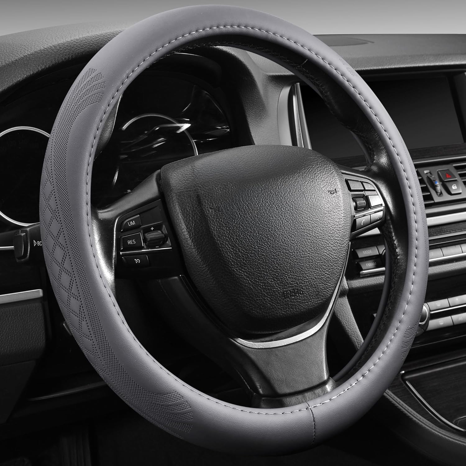 【2025 Model】 Breathable Soft Leather Car Steering Wheel Cover for Men Women, Non-Slip, Comfortable,Universal 15 inches Steering Wheels, Grey