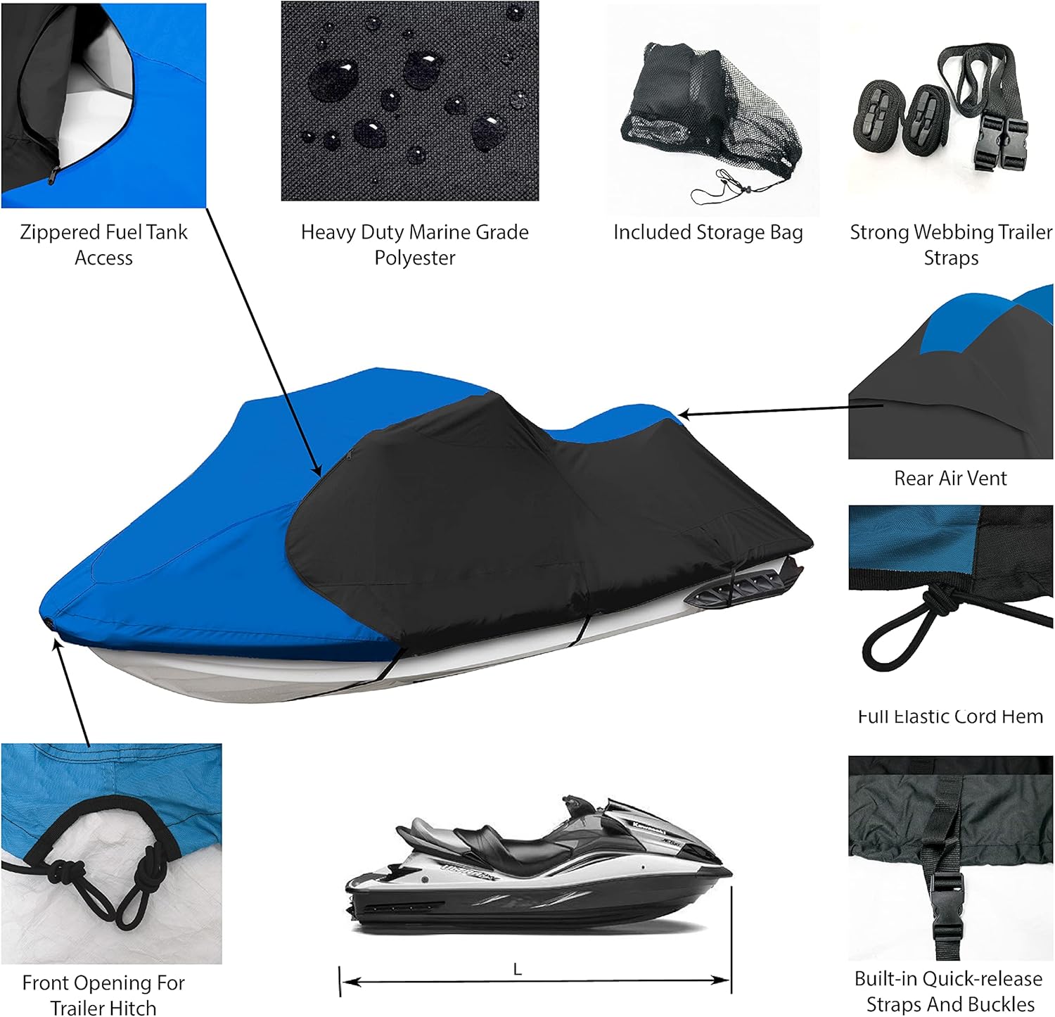 Trailerable Jet Ski Cover, Waterproof Marine Grade 600D Heavy Duty Polyester PWC Cover Blue/Black Color Fits from 103"-115" 1 or 2 Seater