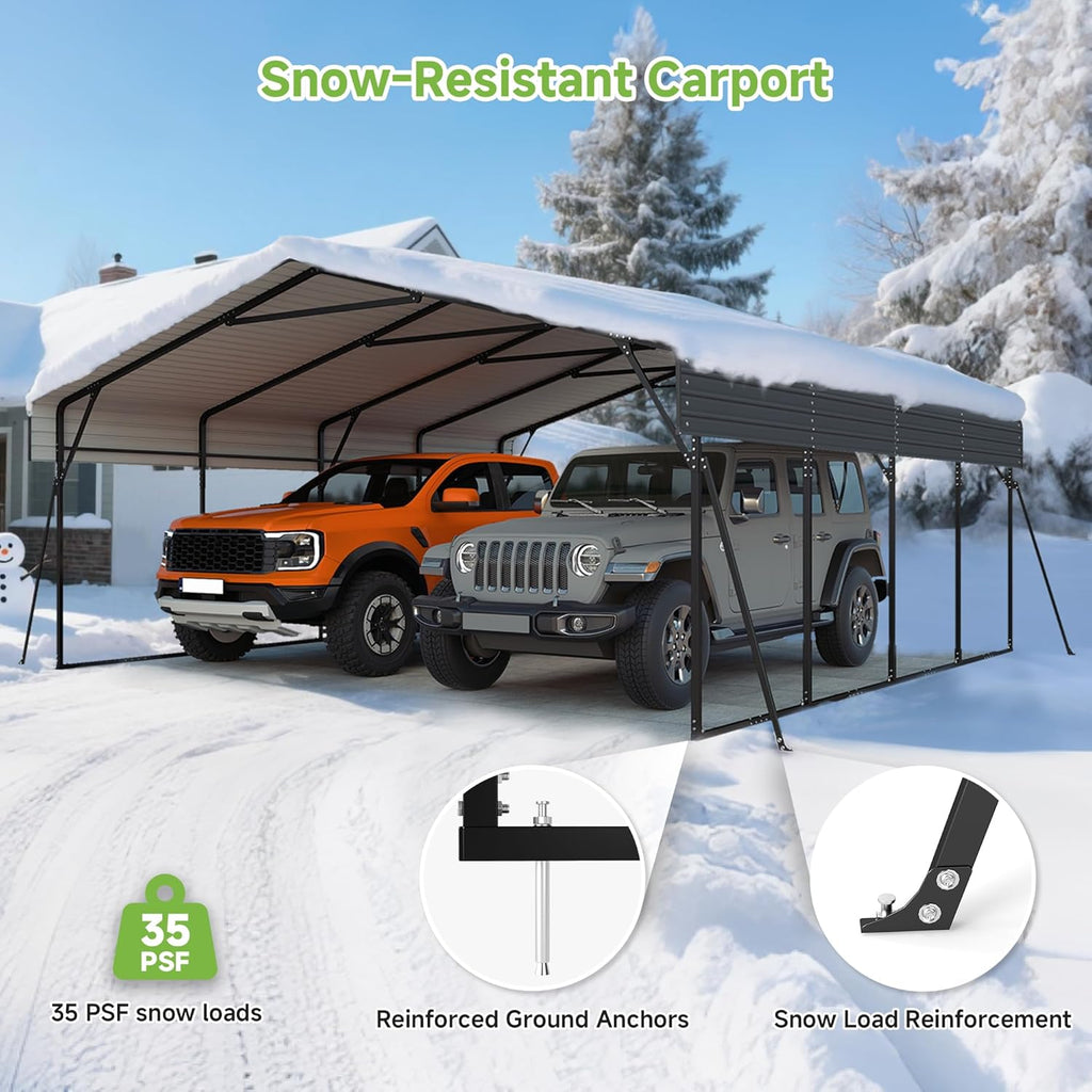 Real Relax 20x20ft Heavy Duty Metal Carport, Galvanized Steel Roof with Removable Sidewalls, 4 Support Legs, Outdoor Car Port Shelter for 2 Car Carport, Trucks and Boats