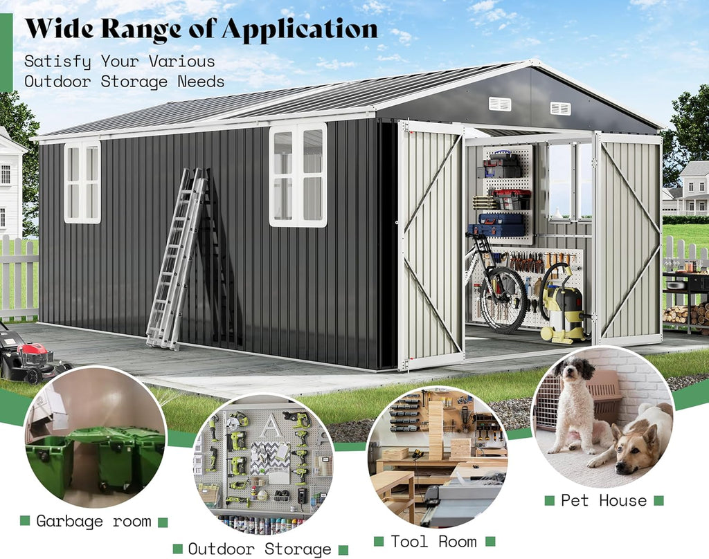 AMERLIFE 10x16.3x7 FT Galvanized Steel Storage Shed with Dual Transparent Panels, 4 4-Pane Windows & Hinged Double Doors, Outdoor Shed for Backyard, Garden, Patio, Dark Grey/White