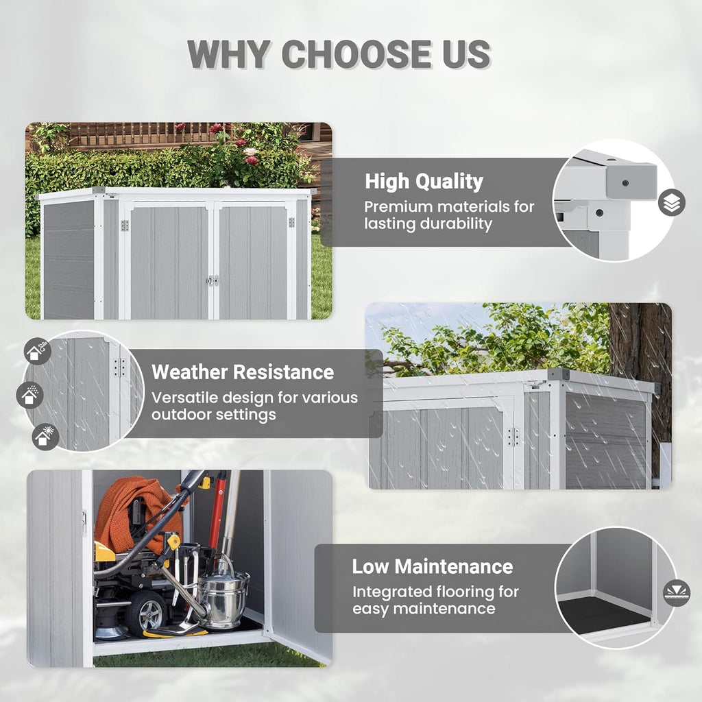 Horizontal Storage Shed 41 Cu.Ft, Lockable Outdoor Resin Cabinet for Garbage Cans, Lawn Mower & Garden Tools, Weather-Resistant Design for Patio or Backyard (Cold Gray)
