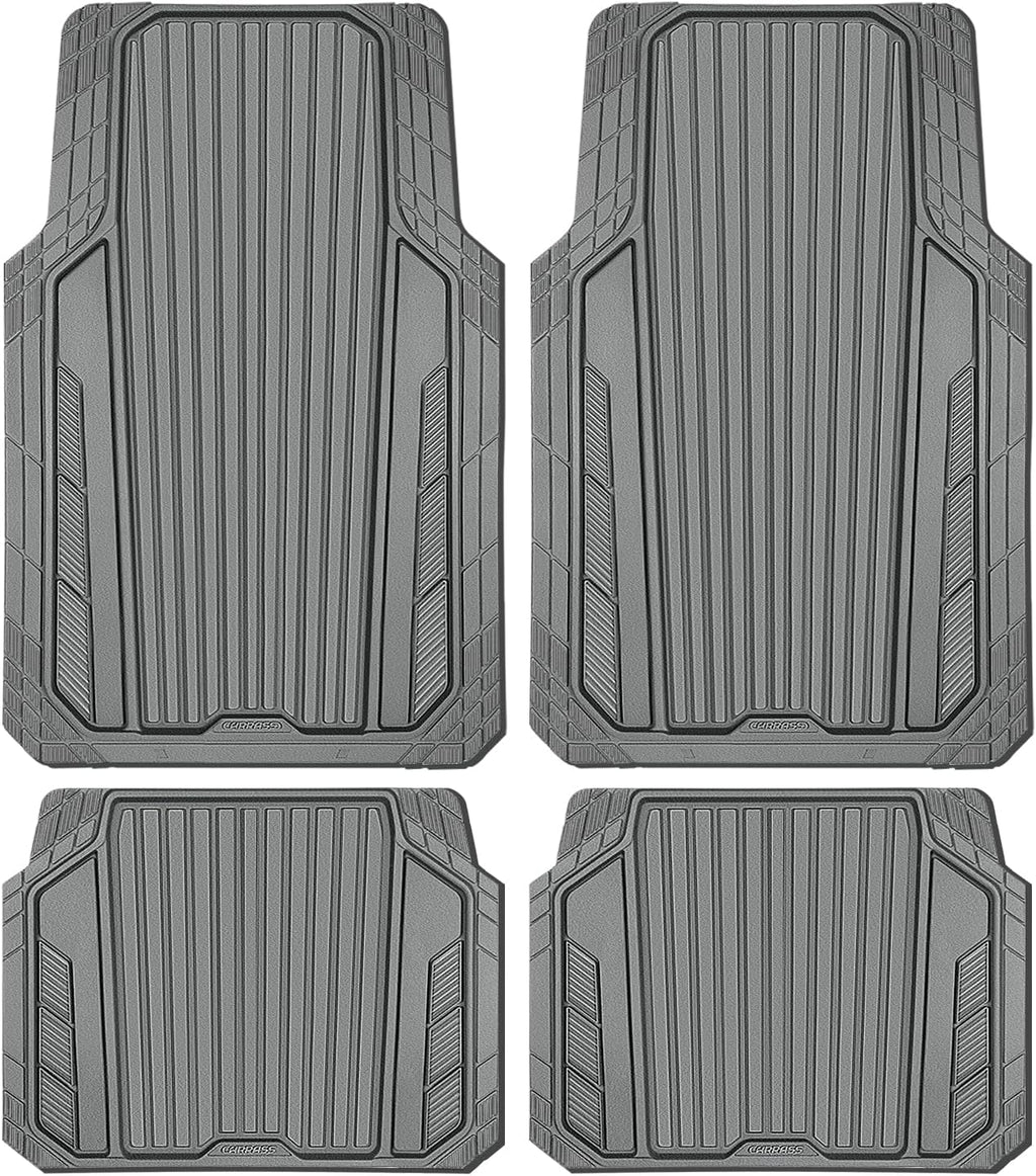 CAR PASS Heavy Duty Sporty Rubber Car Mats, Deep Dish All Weather Car Floor Mats Full Set, Waterproof Anti-Slip Automotive Matts Rugs Trim to Fit for Most Sedans SUVs Vans, 4-Piece All Gray