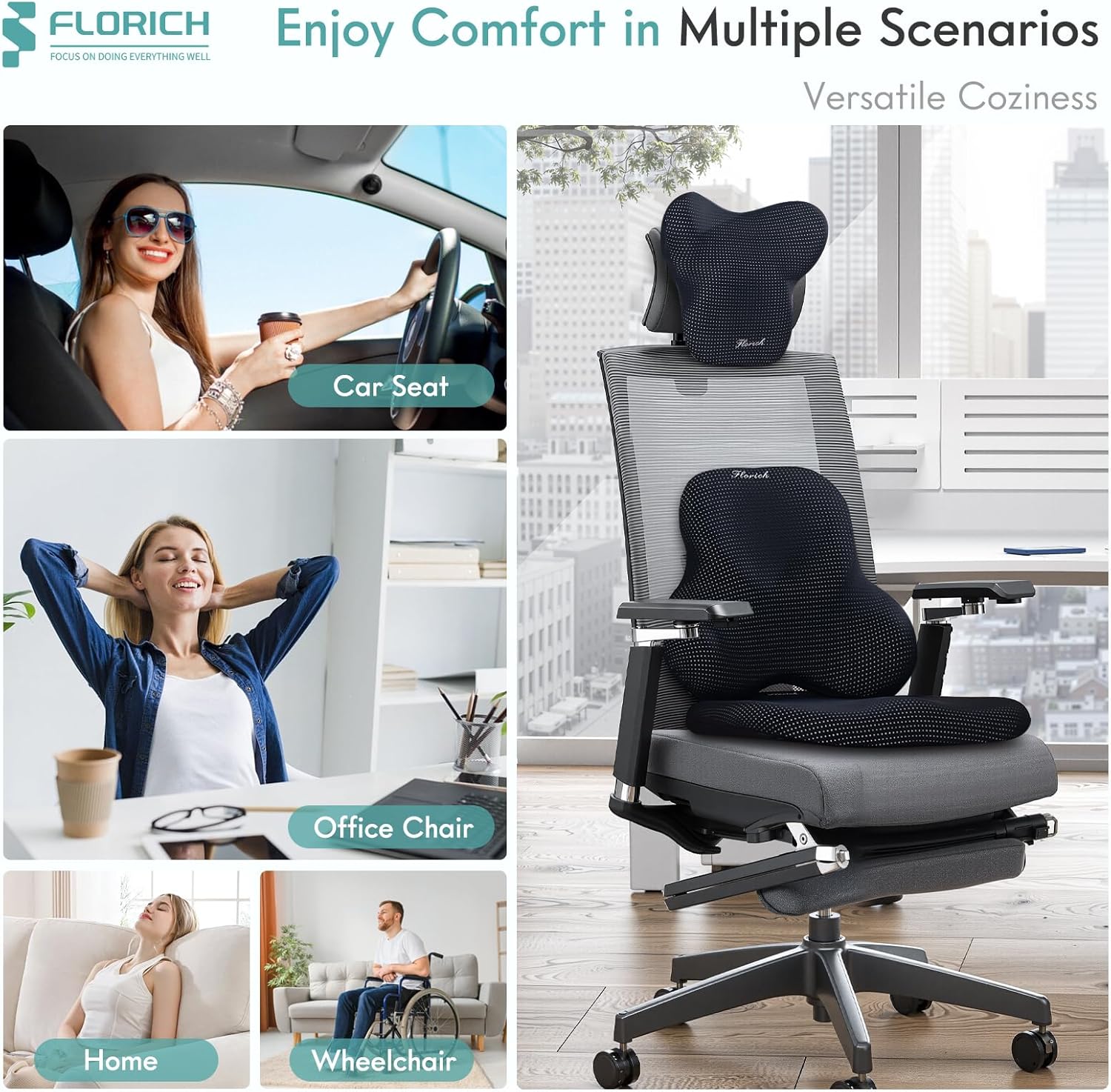 FLORICH Car Seat Cushion and Lumbar Support Pillow for Office Chair Car, Neck Headrest Pillow, Ergonomic Memory Foam, Pressure-Relieving Back Support for Car, Office Chair & Wheelchair – Black